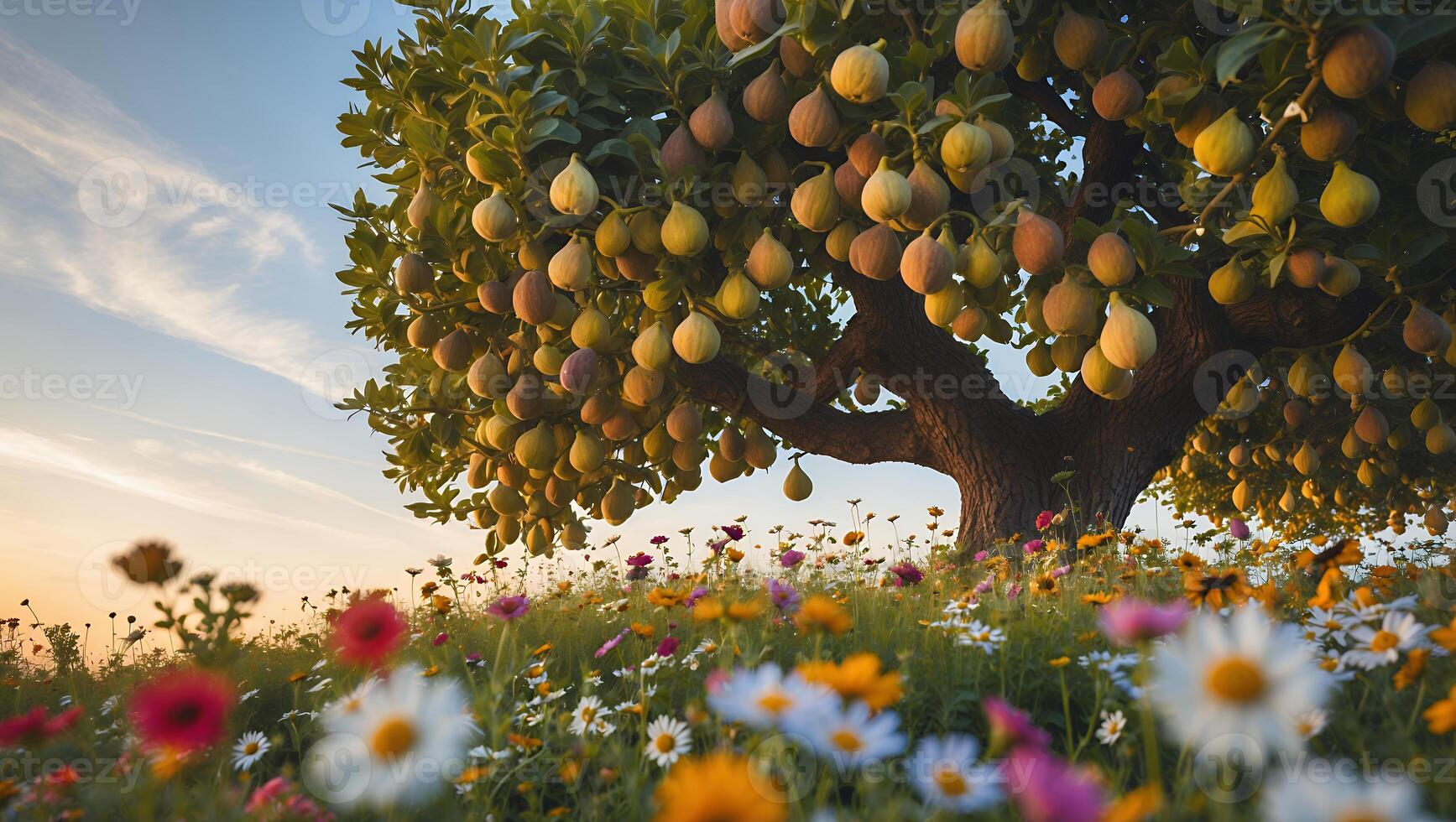 Fruit Tree Full of Fruit Standing in a Meadow with Flowers photo
