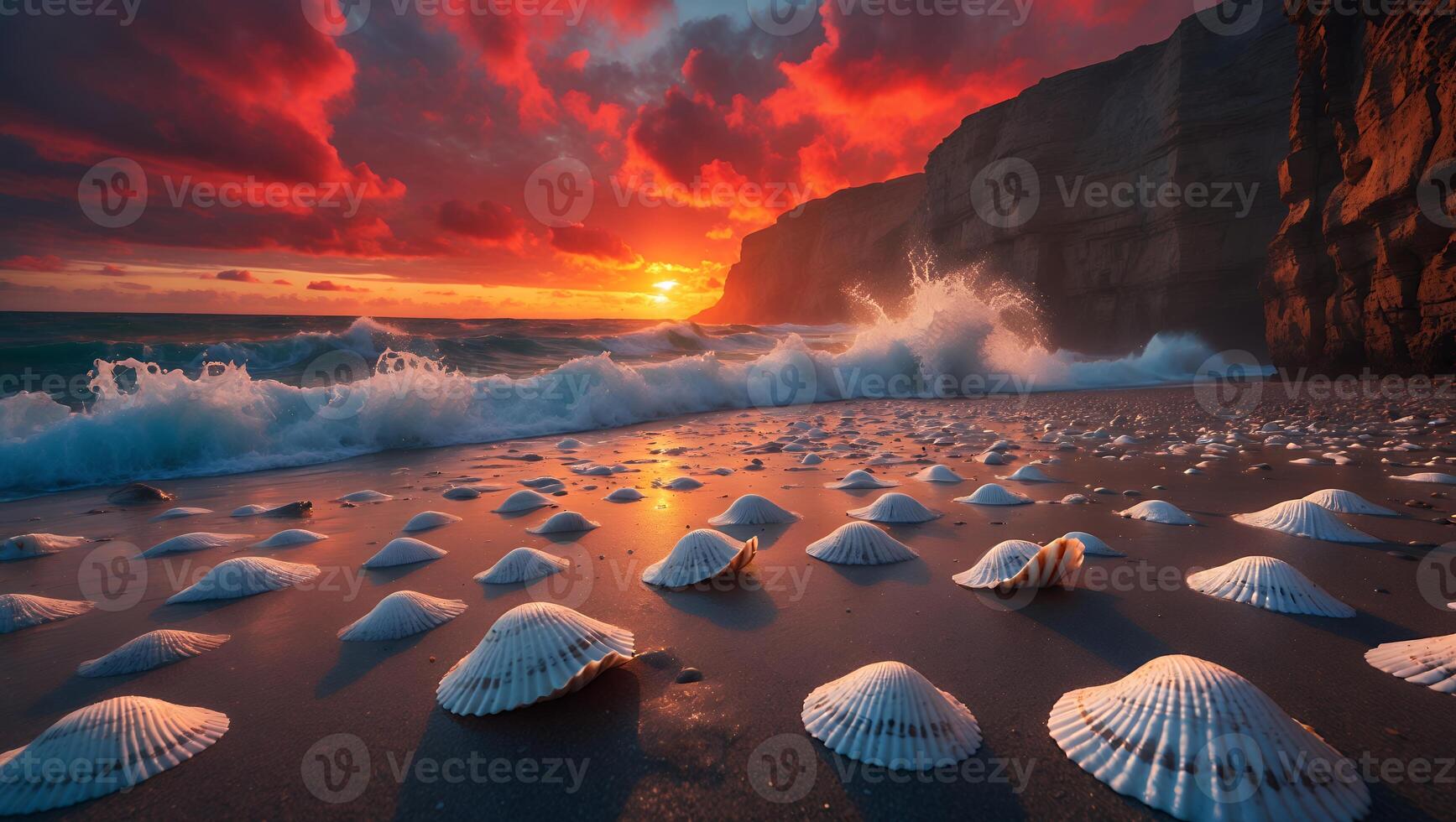 Seashells on Beach at Sunset with Waves and Colorful Sky photo