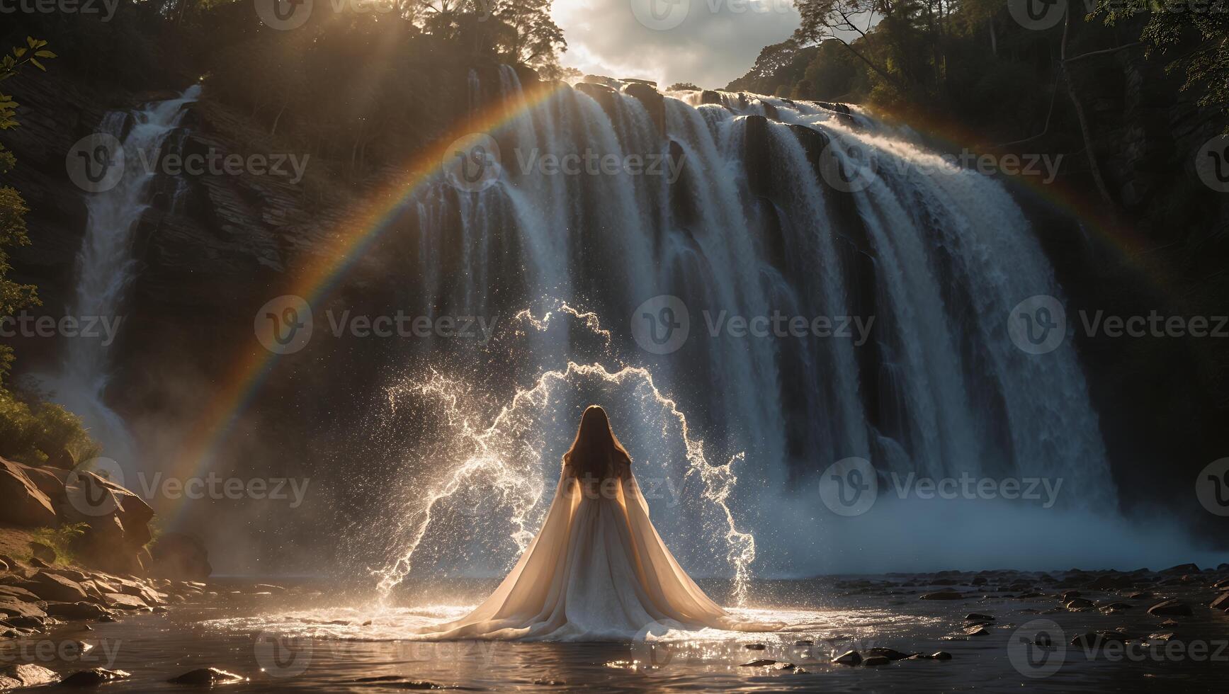 Woman in Dress by Waterfall with Rainbow and Water Sprays photo