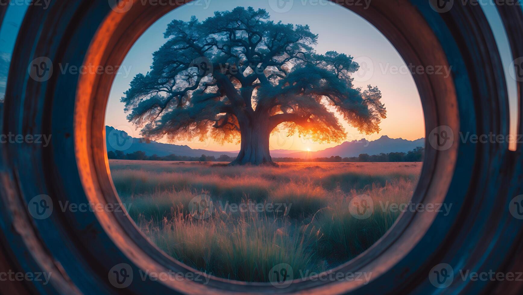 Lone Tree Silhouette at Sunset Framed by Circular Structure photo
