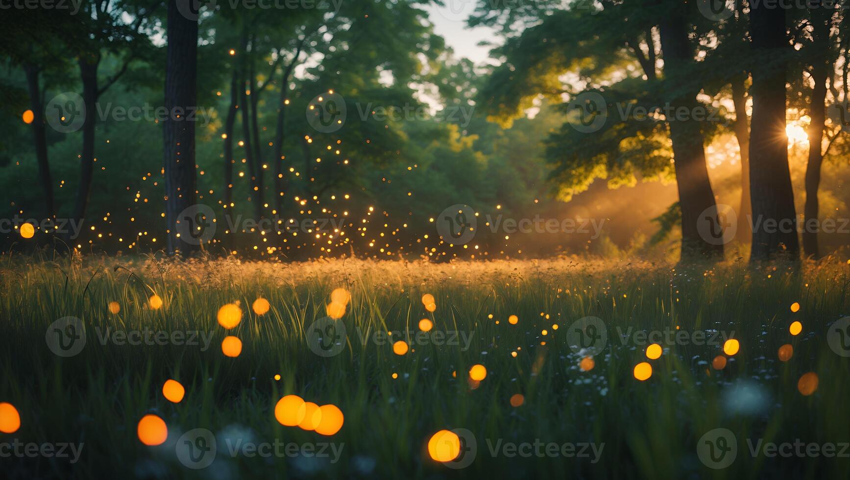 Glowing Meadow at Dusk with Fireflies in a Forest Setting photo