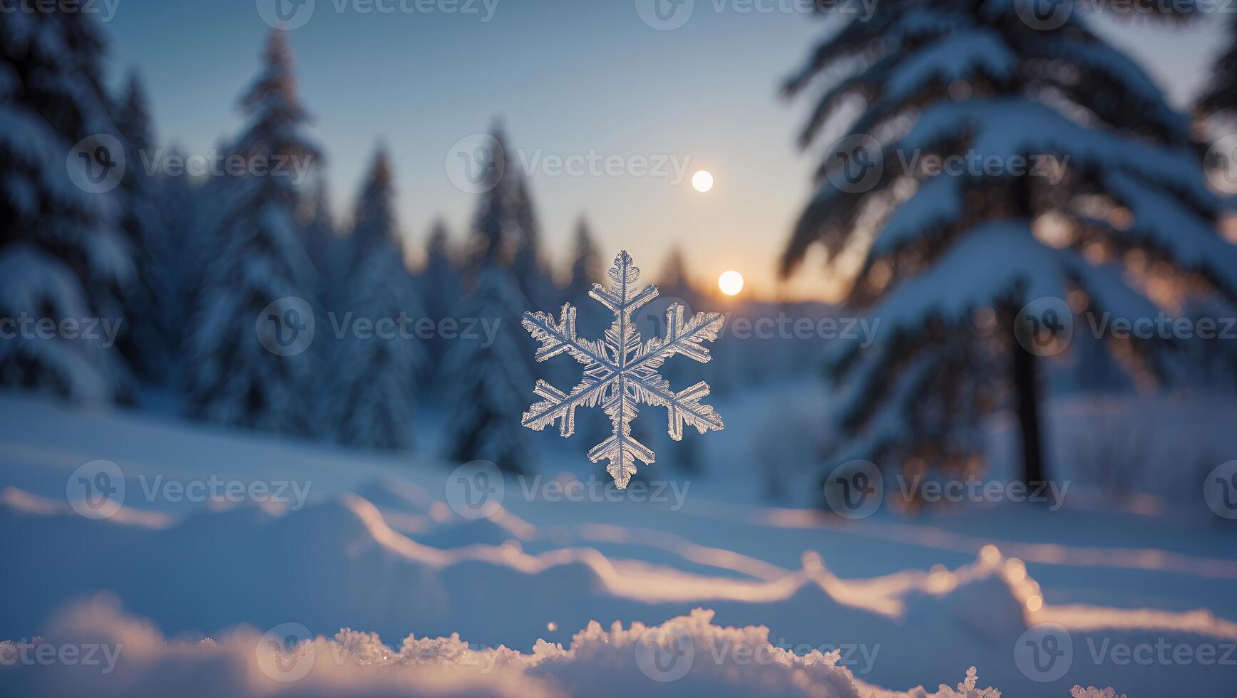 Snowflake Floating Above Snowy Landscape with Sun Setting Behind Trees photo