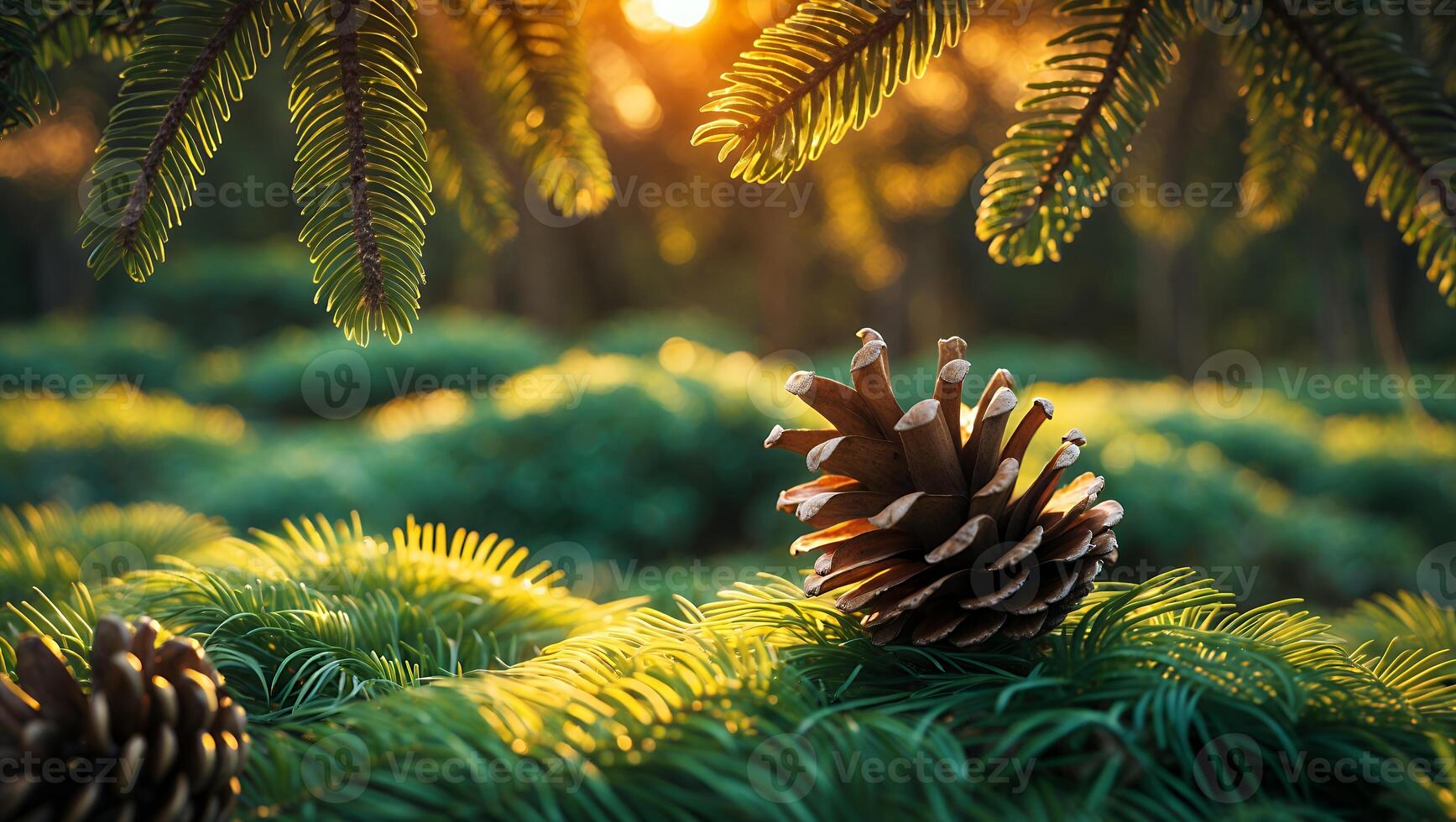Pine Cone Resting on Evergreen Branch with Forest Sunlight photo