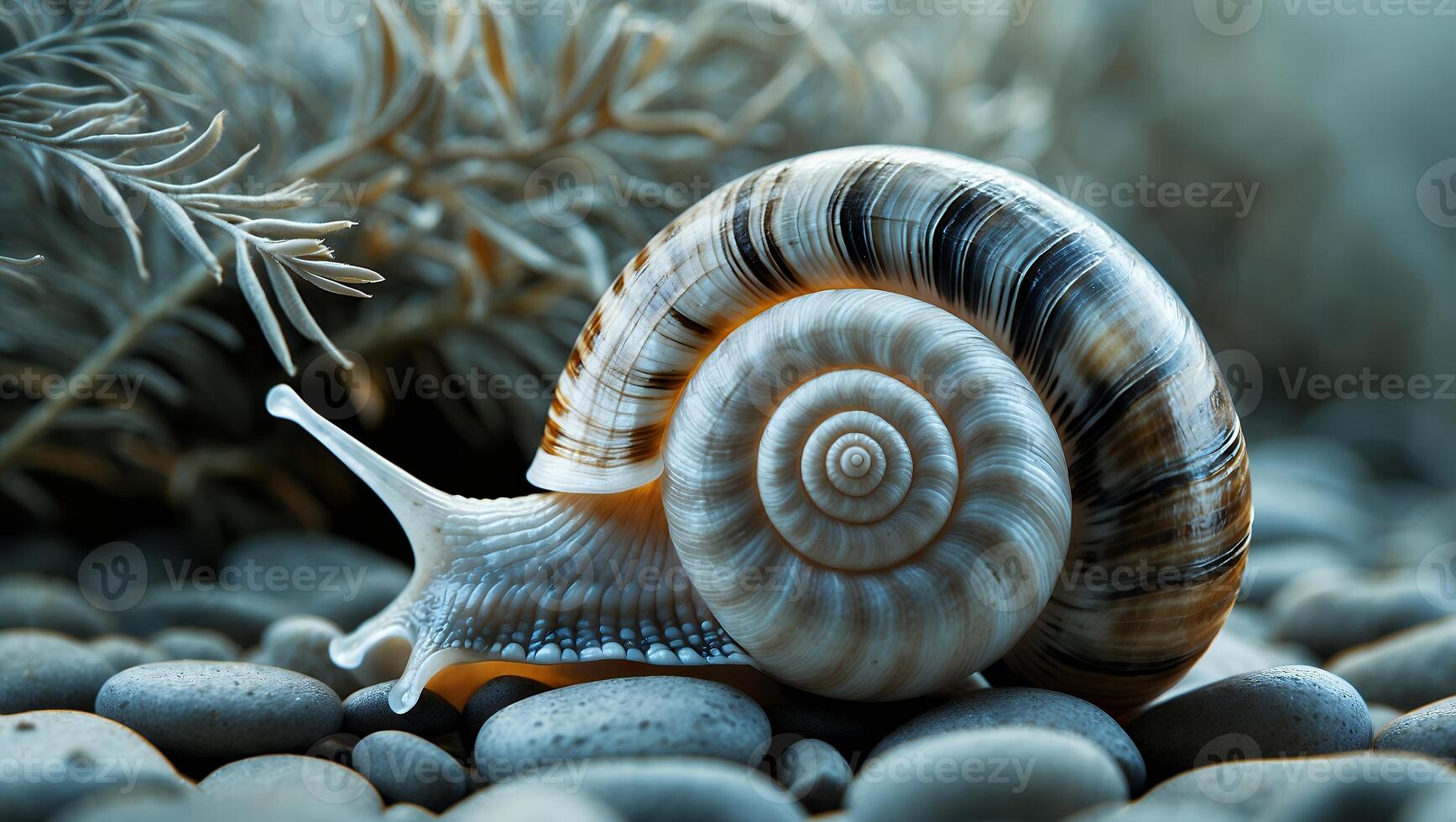 Snail Crawling on Pebbles with Shell Showing Spiral Pattern photo