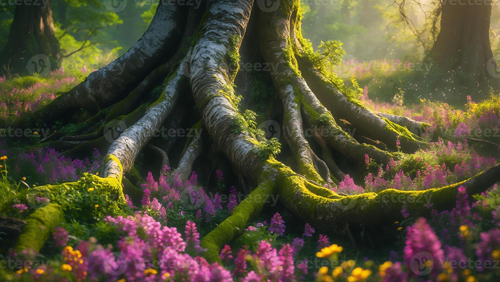 Tree Roots Spreading Across Field of Flowers in Forest Setting photo