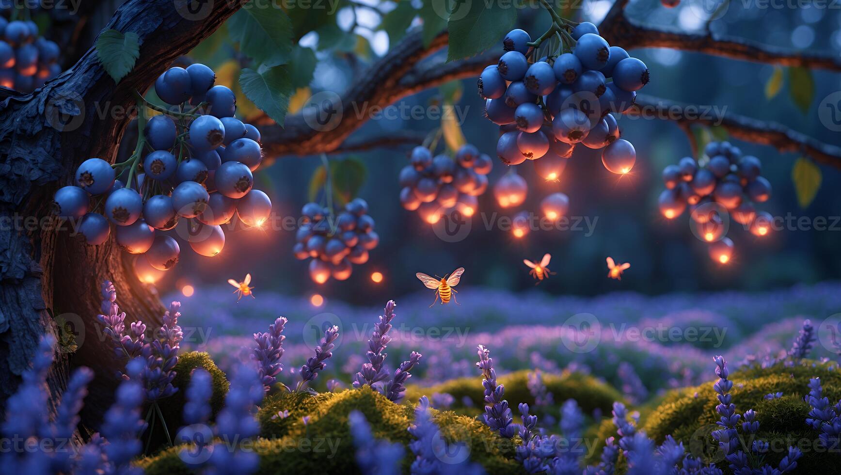 Glowing Berries and Fireflies Over Purple Lavender Field Landscape photo