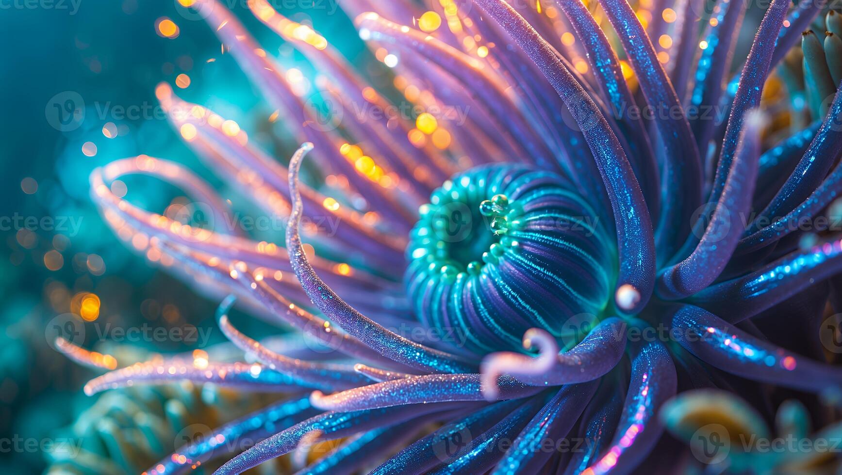 Illuminated Sea Anemone Underwater with Purple Tentacles and Glowing Particles photo