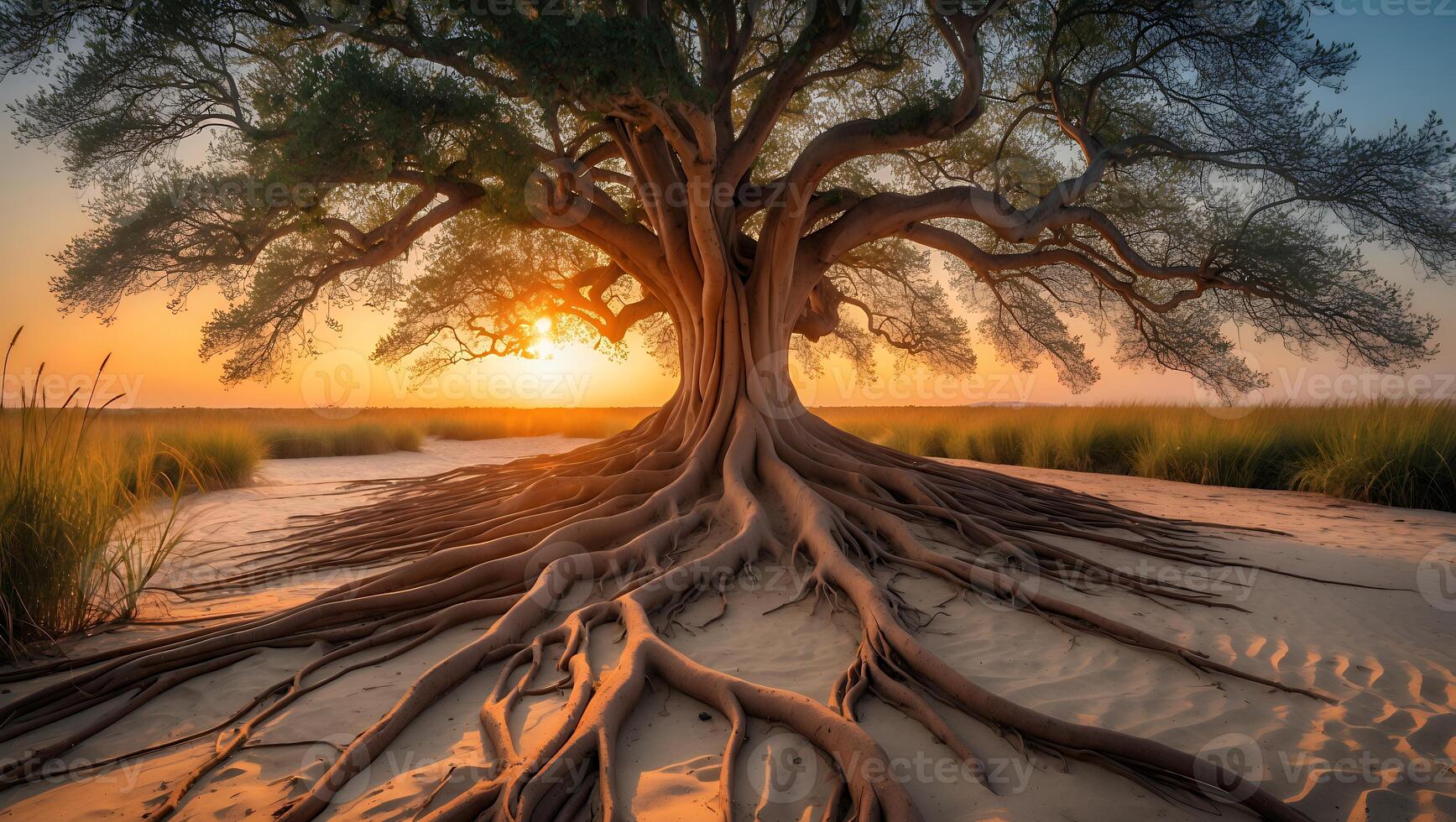Majestic Old Tree with Exposed Roots at Sunset Over Sandy Ground photo