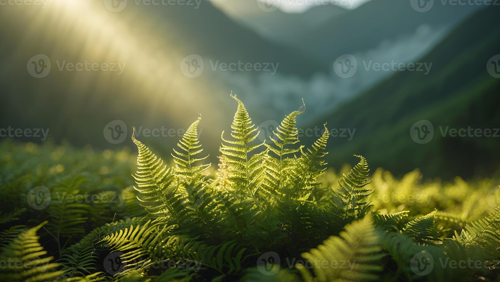 Ferns Growing in a Lush Green Landscape with Soft Sunlight photo