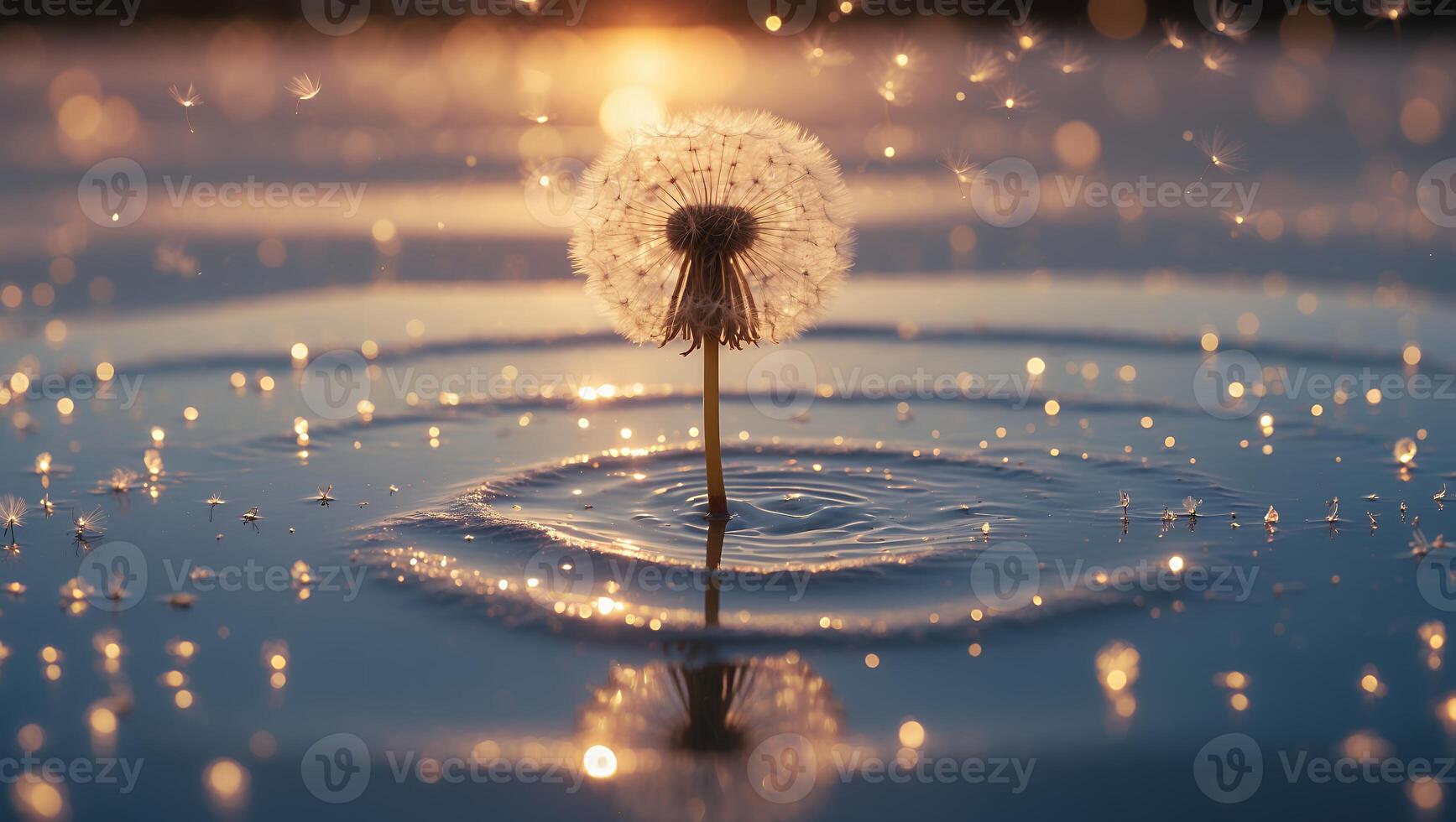 Dandelion Seed Head Standing in Water with Sunlight and Ripples photo