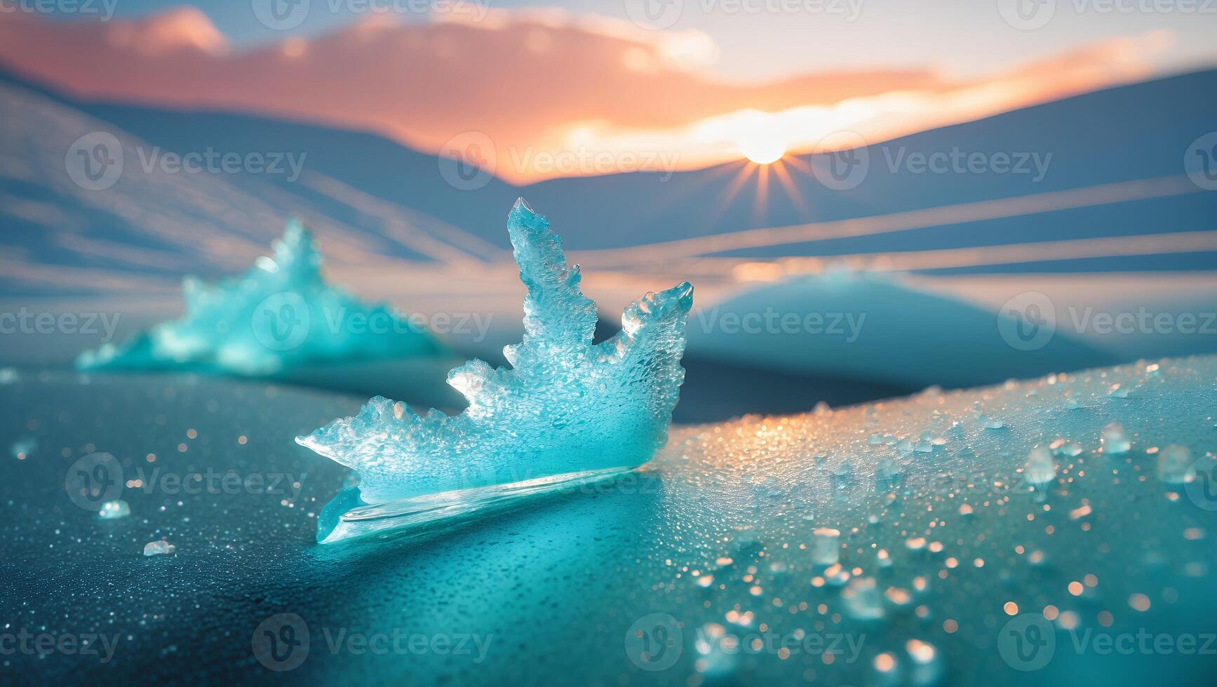 Delicate Ice Crystals at Sunset Gleaming on Frozen Surface Landscape photo
