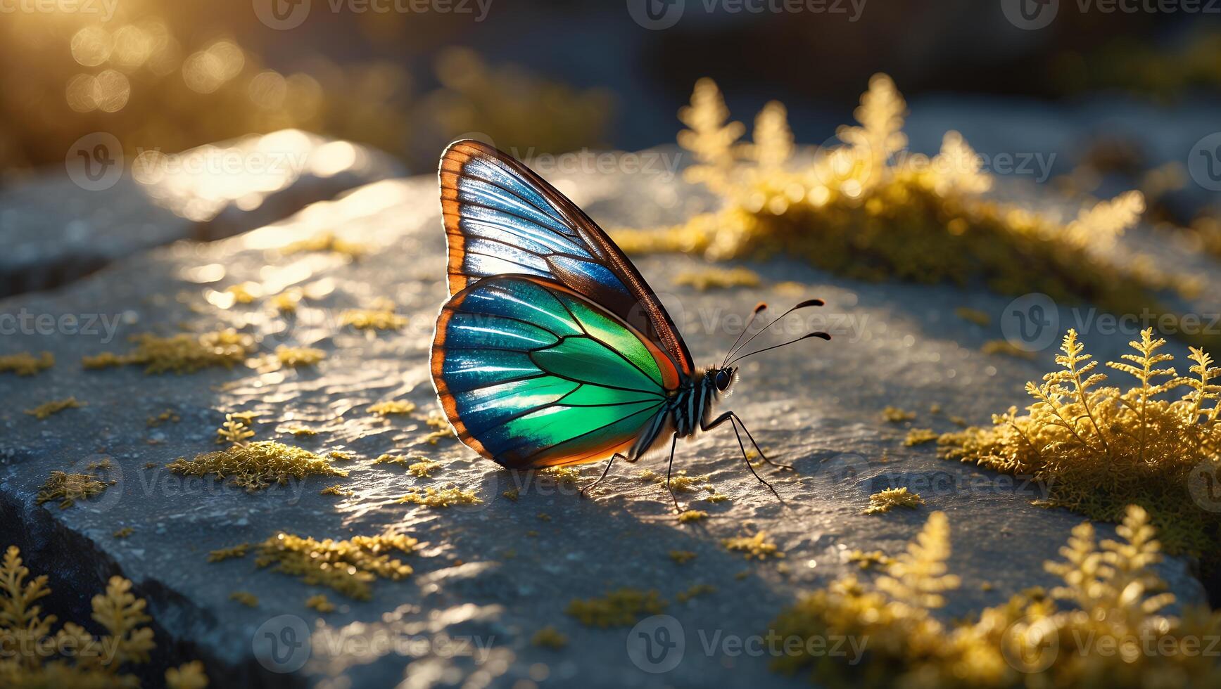 Butterfly Resting on Stone Path with Moss and Sunlight Shining Through photo