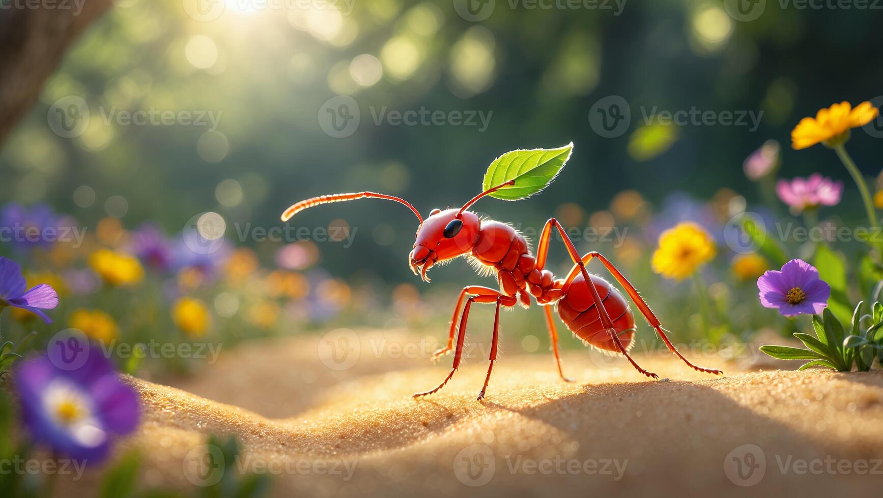 Red Ant Carrying Leaf on a Sandy Path Surrounded by Flowers photo