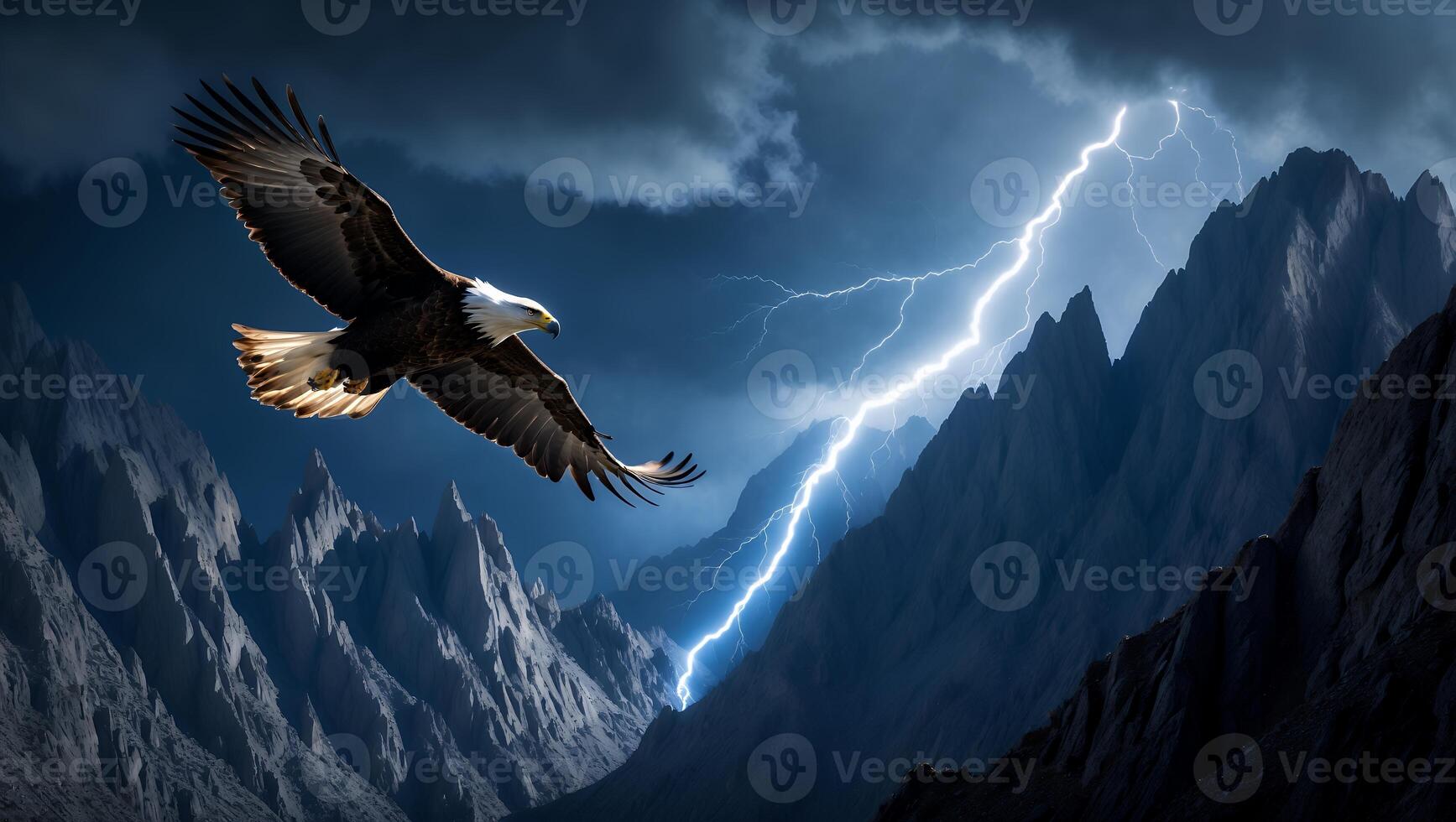 Eagle Soaring Through Stormy Sky with Mountain Peaks and Lightning photo