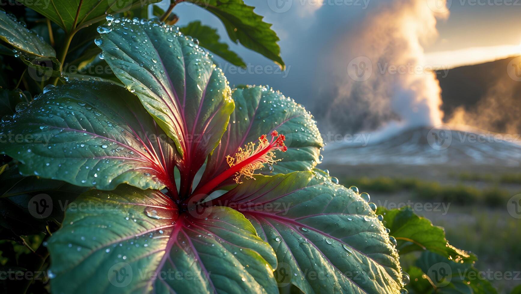 Hibiscus Flower with Water Droplets and Distant Geyser Landscape photo