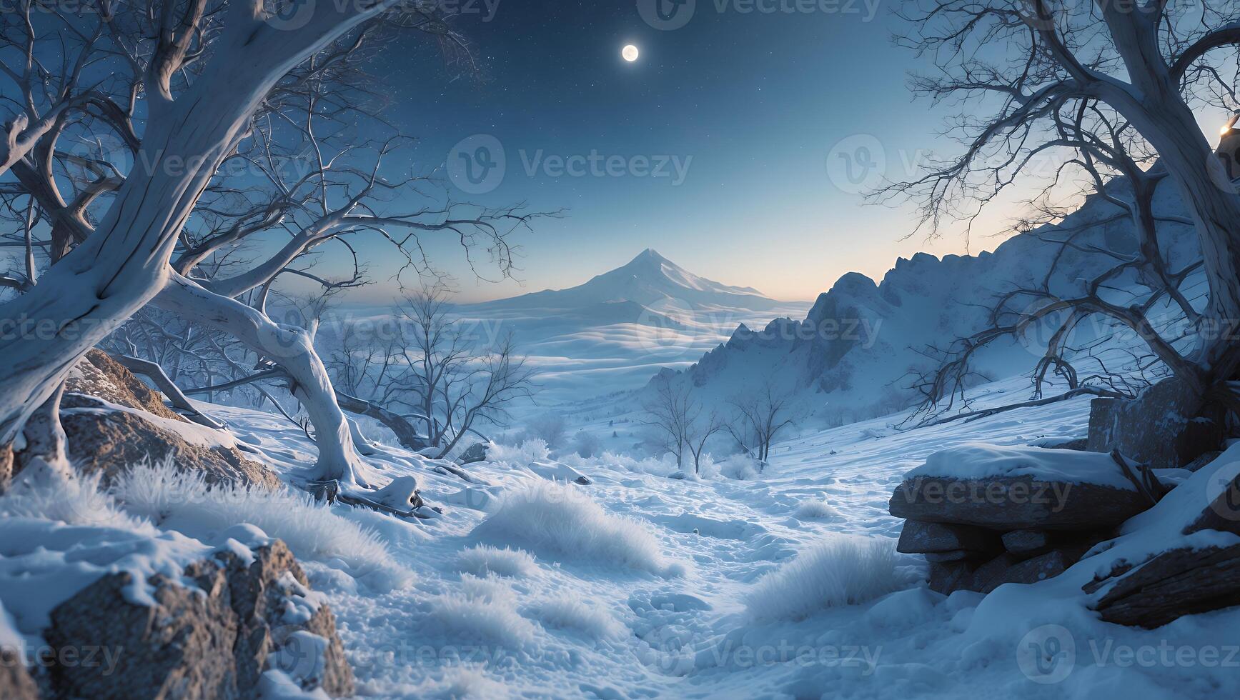 Winter Mountain Landscape Snowy Trees and Moon in a Peaceful Scene photo