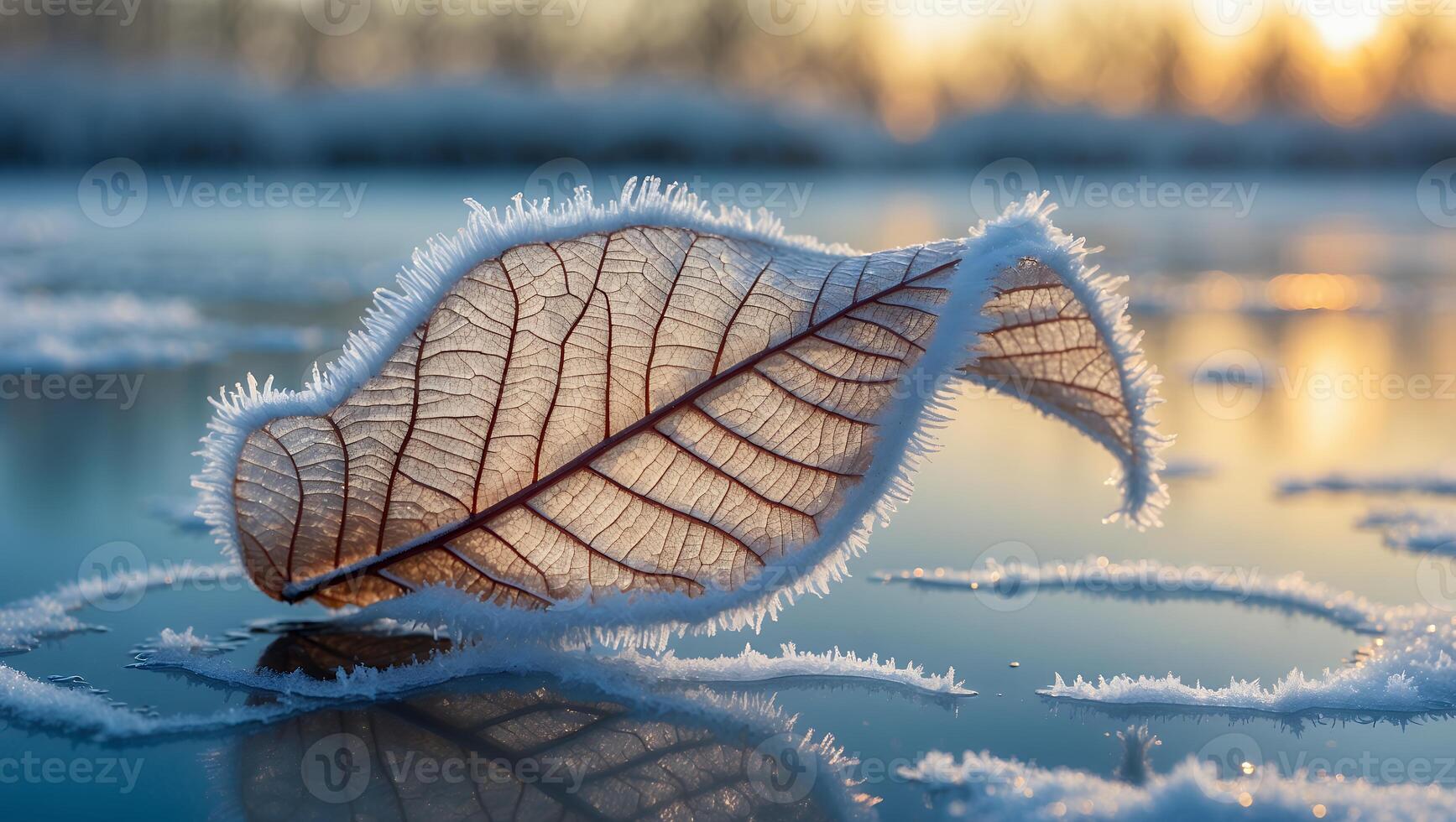 Frosted Leaf on Frozen Water During Winter Sunset Reflection photo