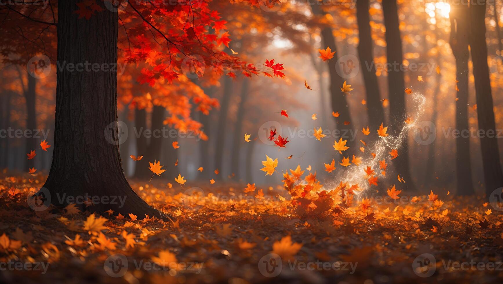Falling Autumn Leaves in a Forest with Warm Sunlight and Mist photo