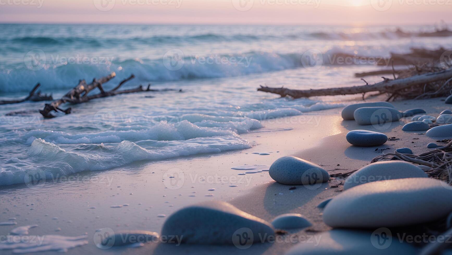 Waves Crashing on Sandy Beach with Smooth Stones at Sunset photo