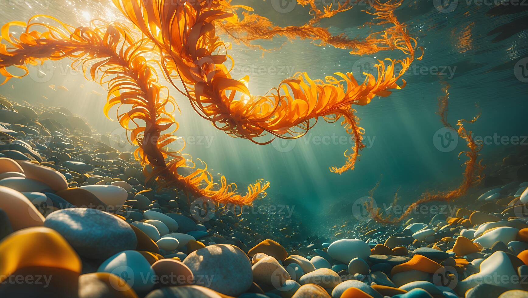 Underwater Seaweed Forest with Sun Rays and Pebbles on Seabed photo