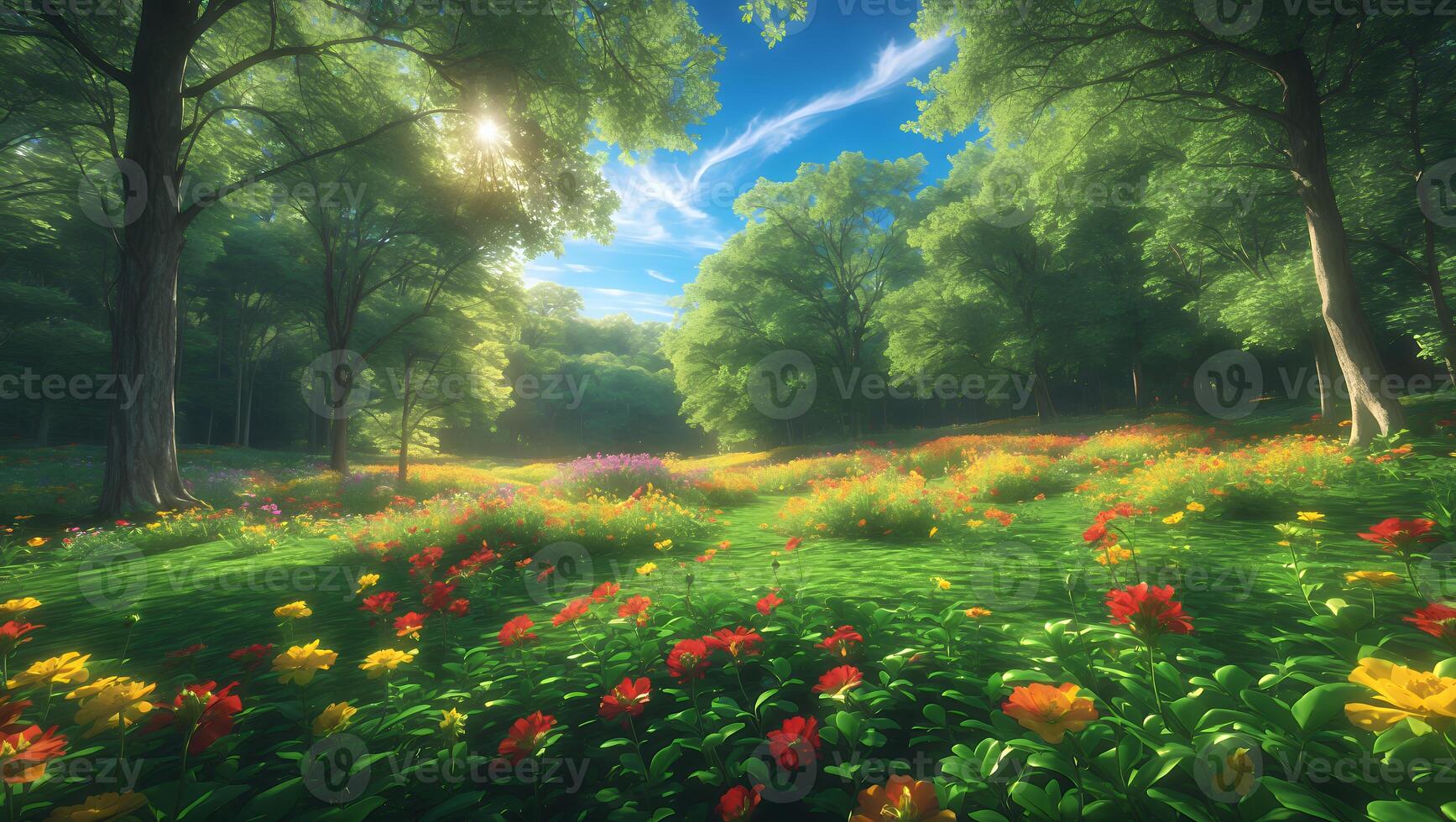 Exploring Flower Meadow in Sunny Forest with Blue Sky and Clouds photo