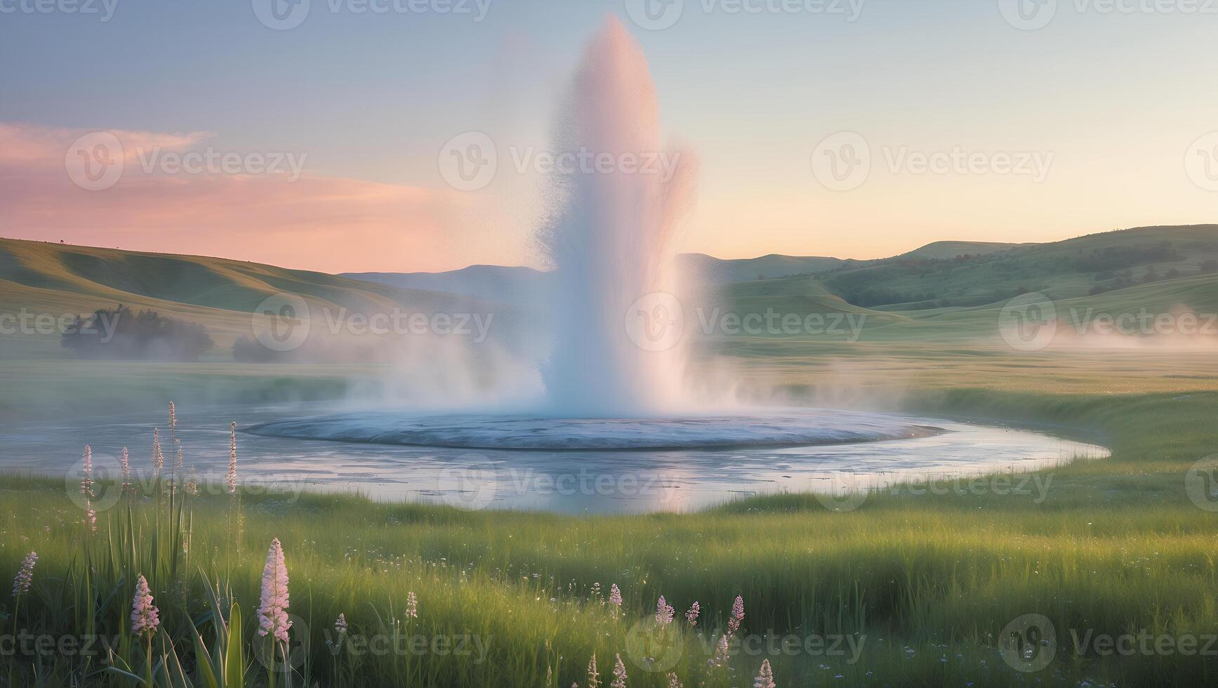 Geyser Eruption in Verdant Landscape at Dawn photo
