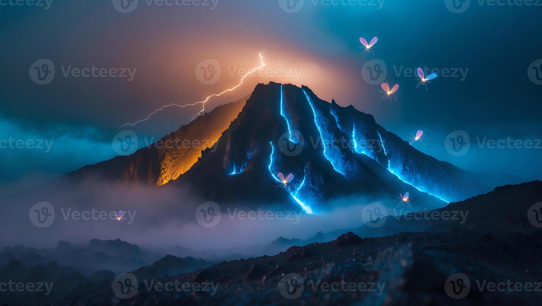Mountain Lit by Lightning and Glowing Insects photo