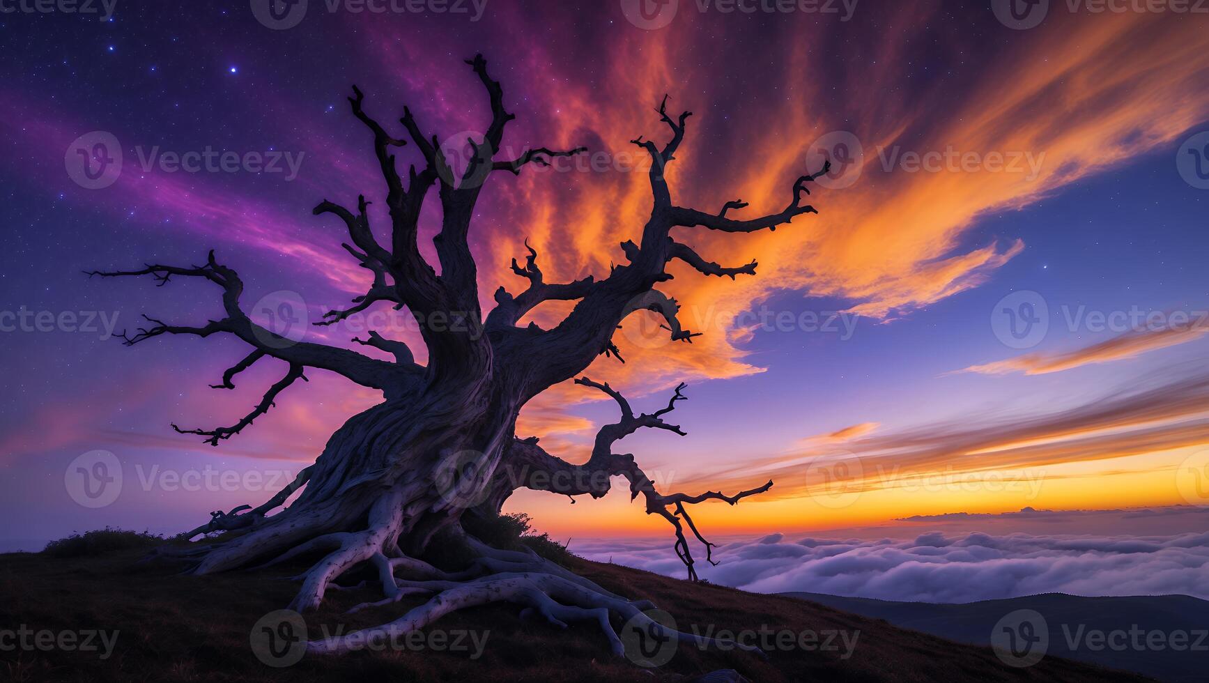 Old Tree Silhouette Against Vibrant Sunset Landscape photo