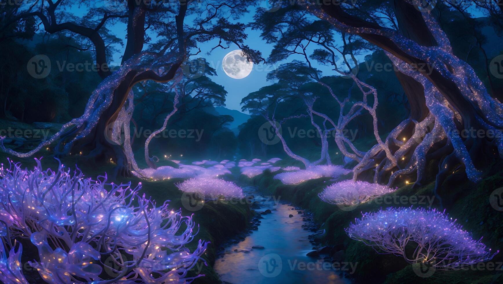 Magical Moonlit Forest with Glowing Bushes and Stream photo
