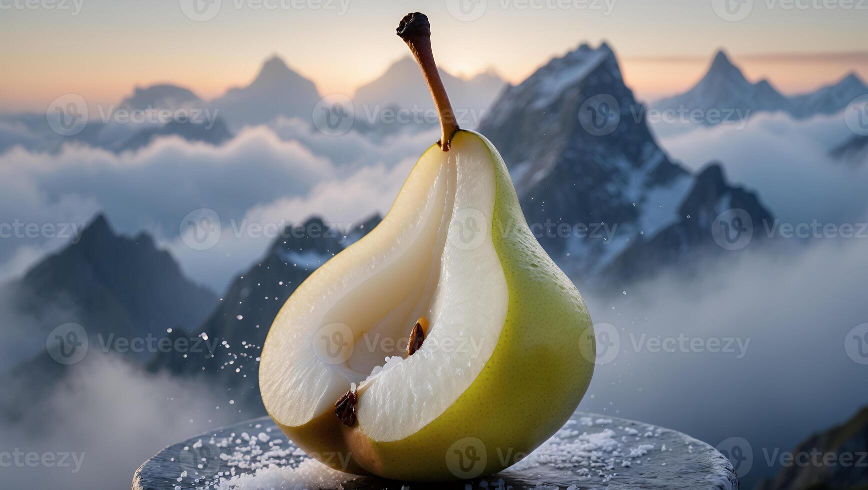Sliced Pear with Mountains Background photo