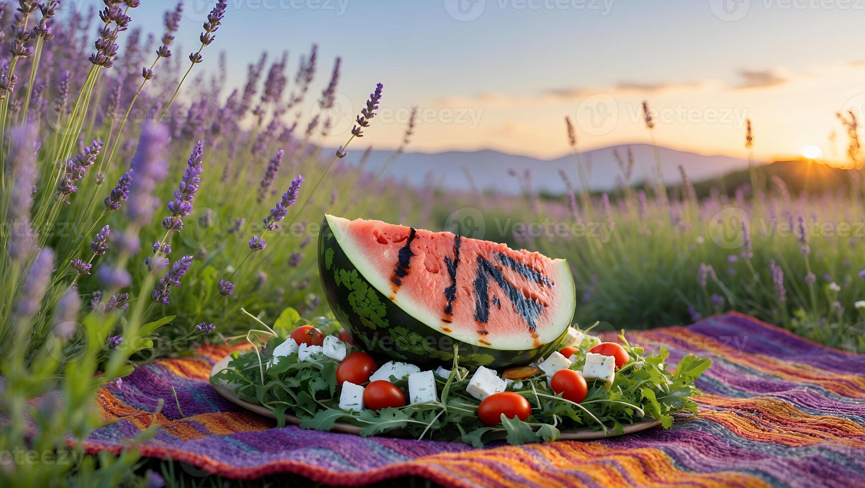 Grilled Watermelon Salad in Lavender Field photo