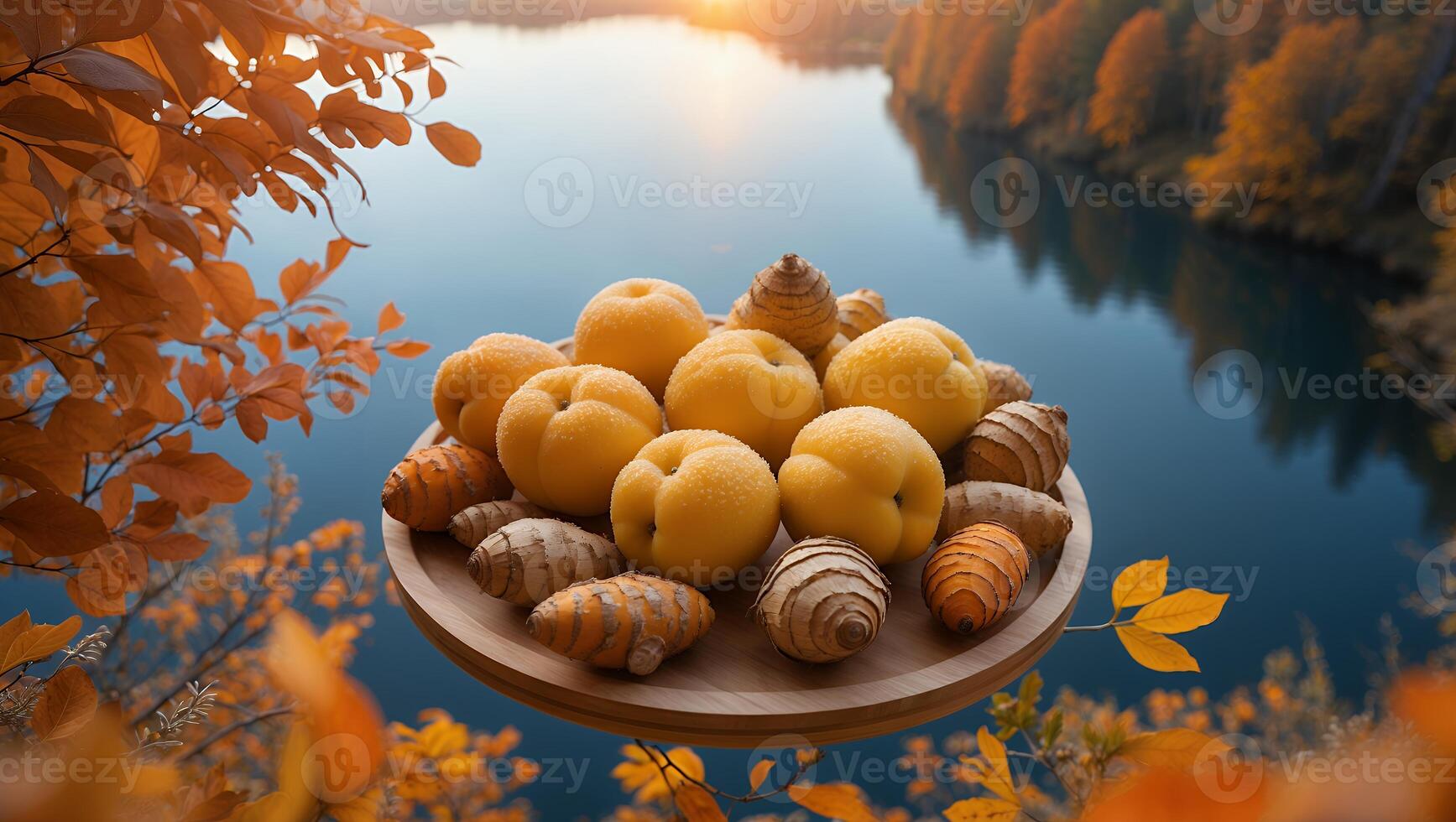 Apricots and Cones on Plate with Autumn Trees and Lake photo