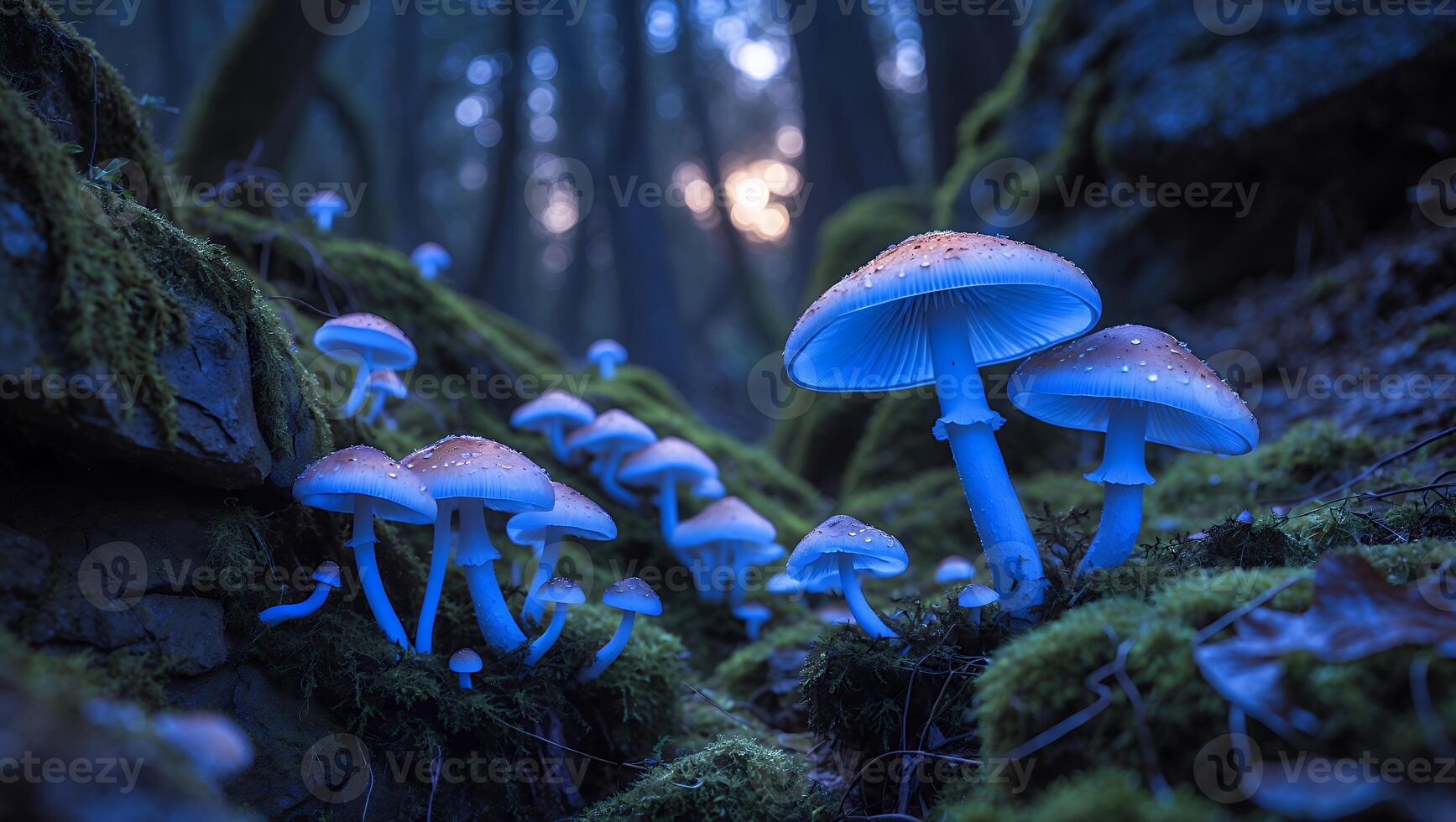 Mushrooms in the forest at dusk photo