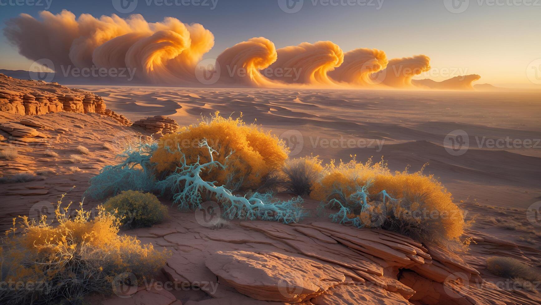 Desert Landscape with Clouds and Shrubs photo