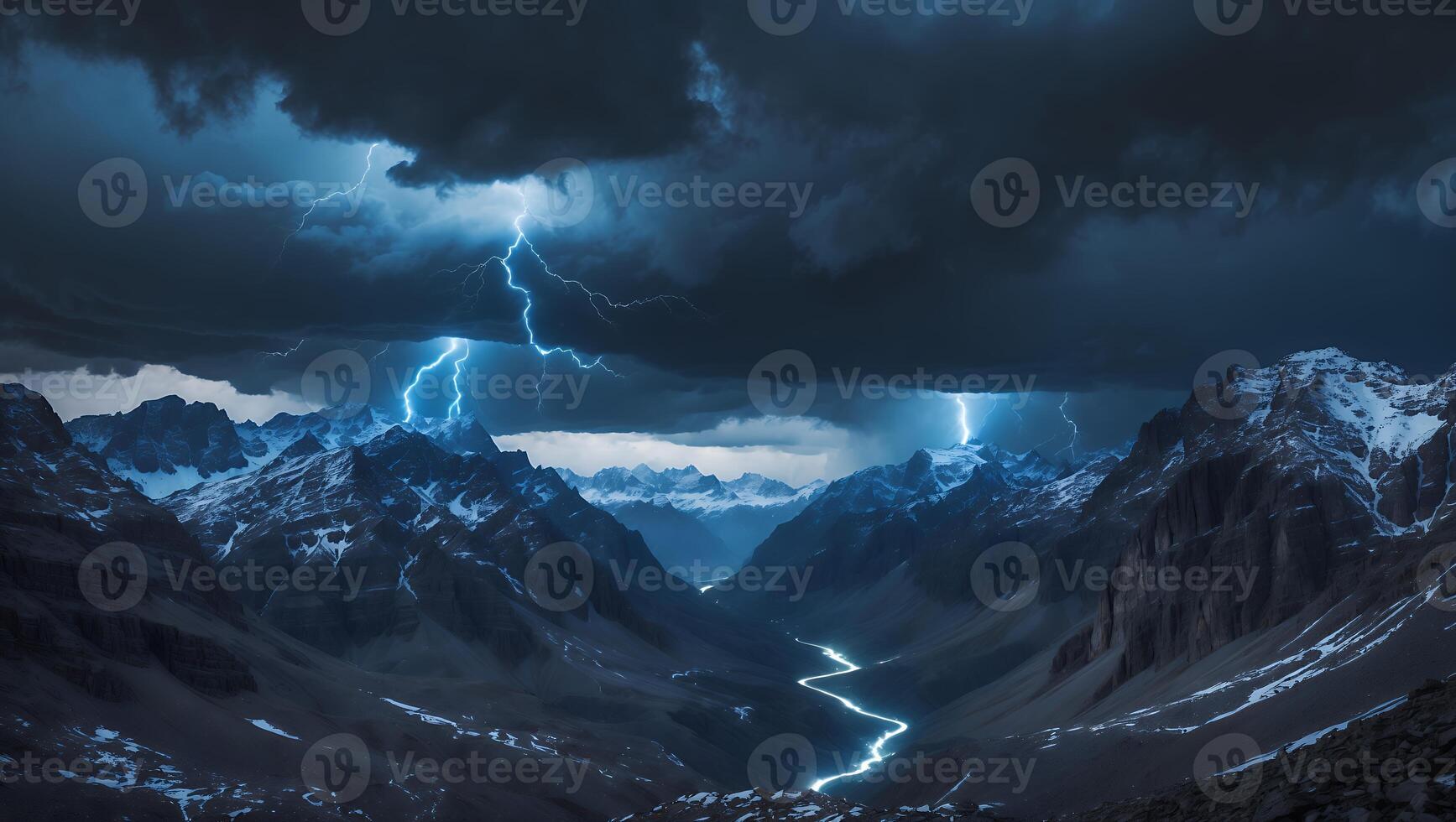 Lightning Striking Snow Capped Mountains in a Storm photo