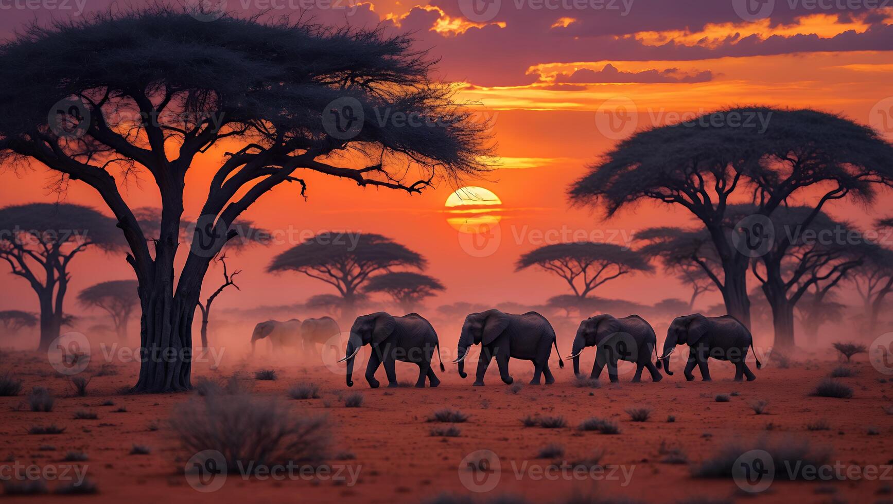 Elephant Migration at Sunset in Africa photo