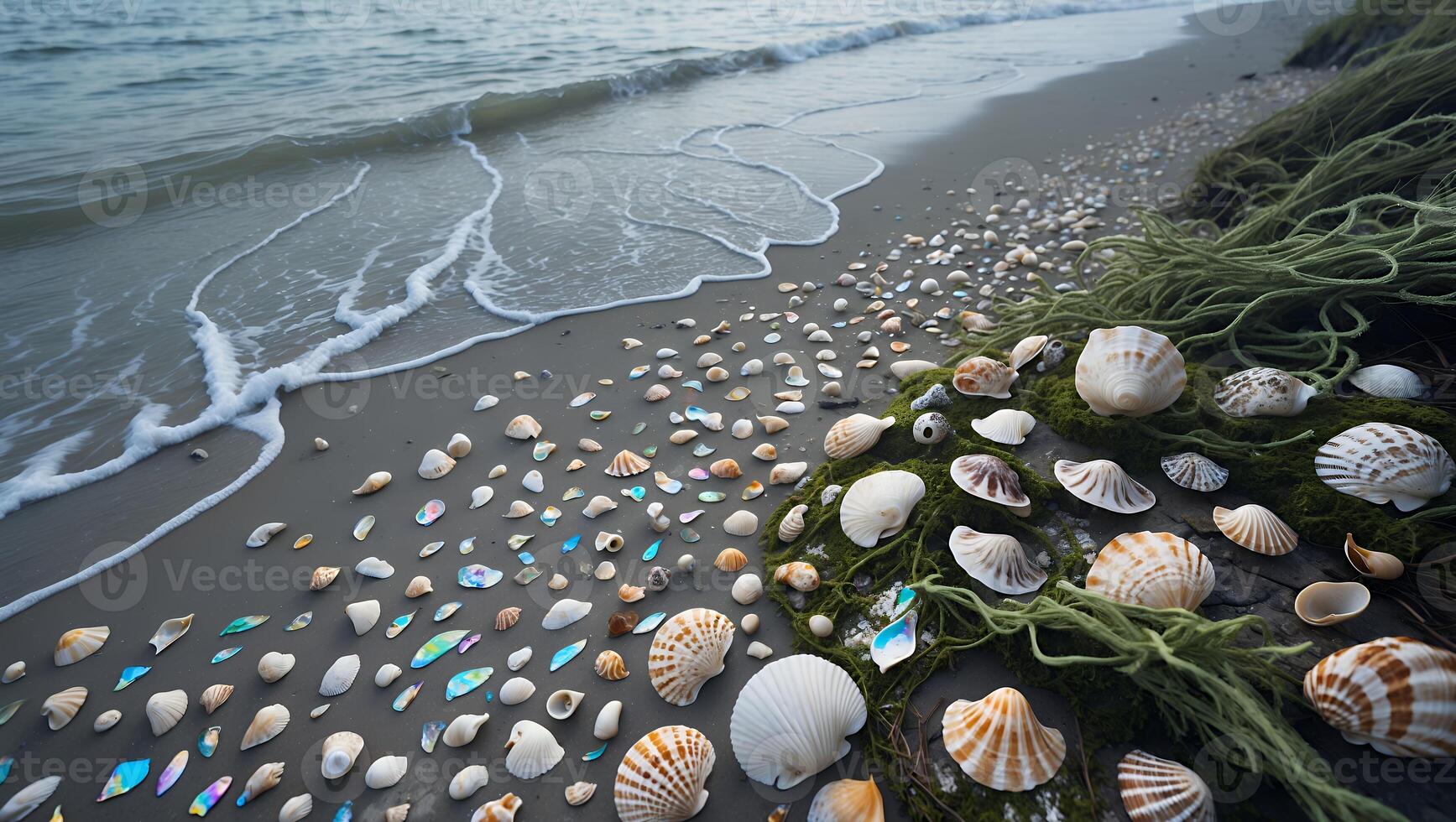 A beach with shells and seaweed on it photo