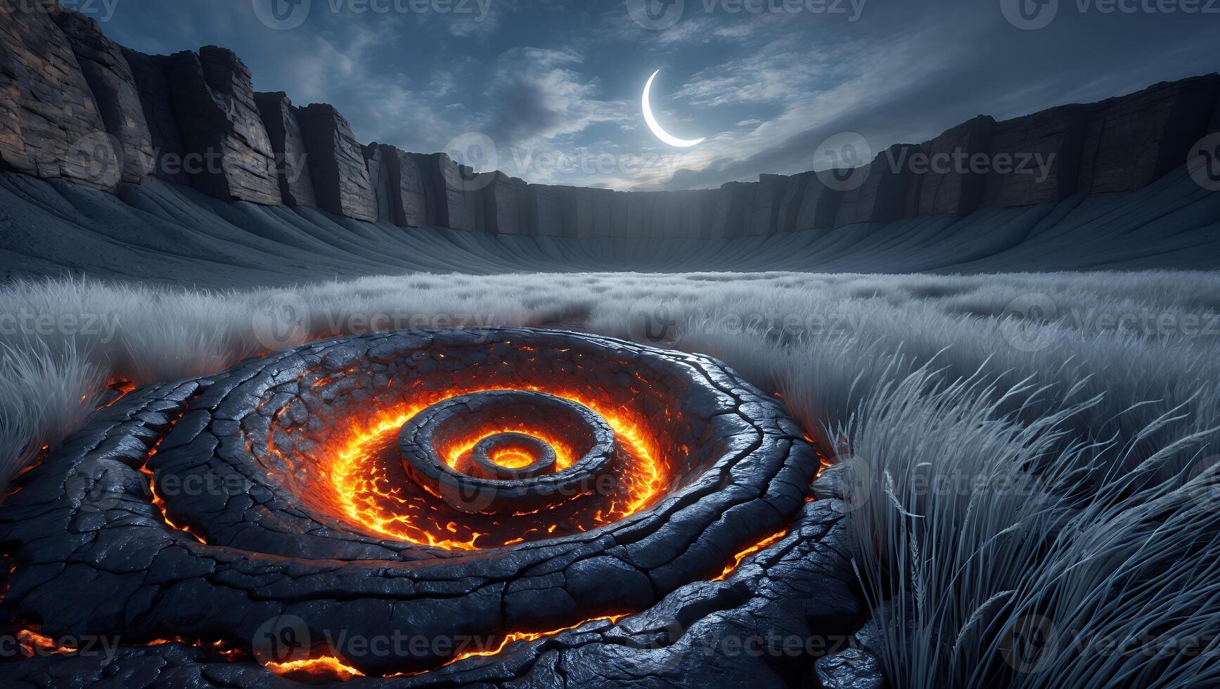 Fiery Vortex in Grassy Plain Under Crescent Moon photo