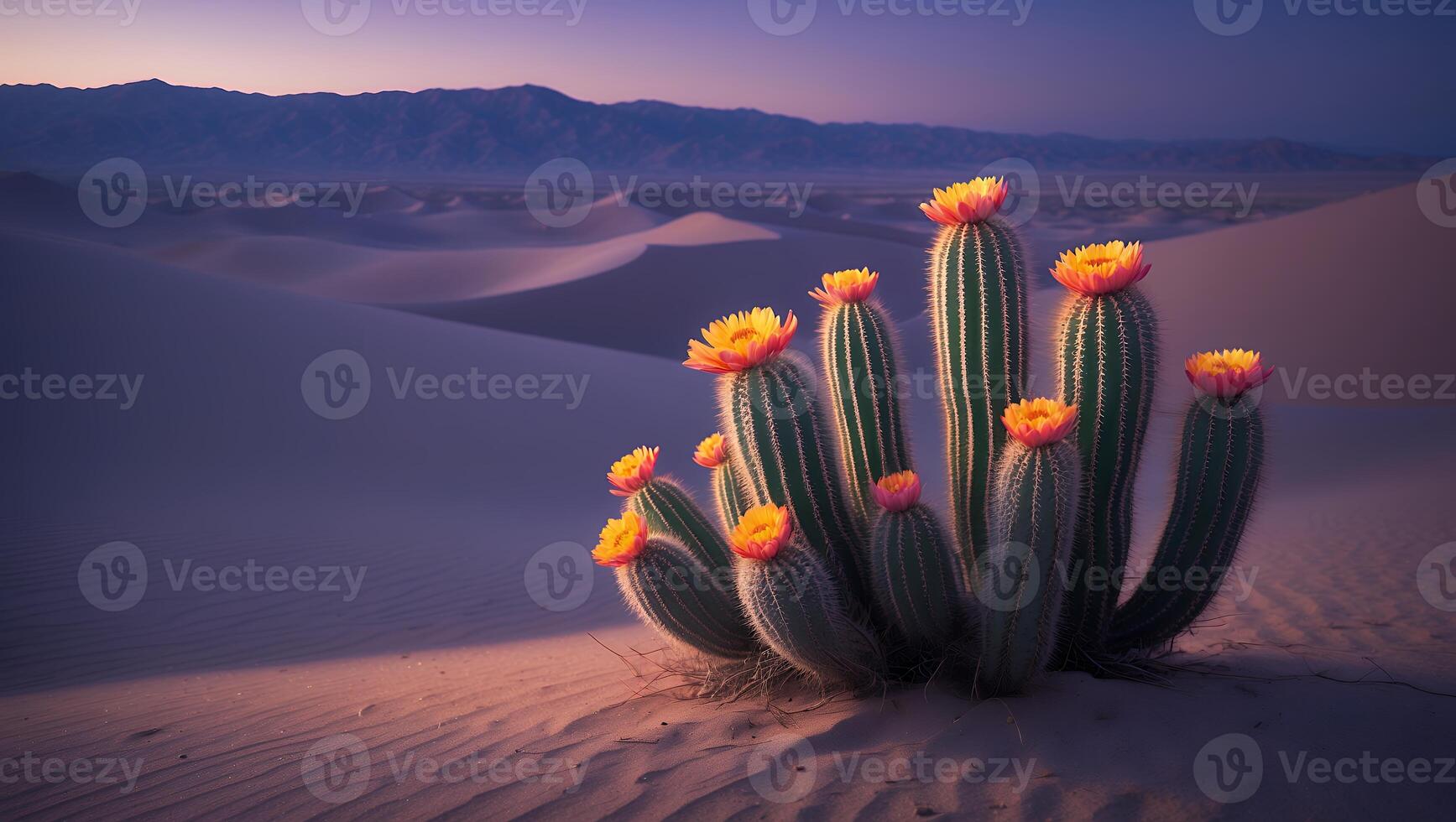 A cactus plant in the desert with sand dunes in the background photo