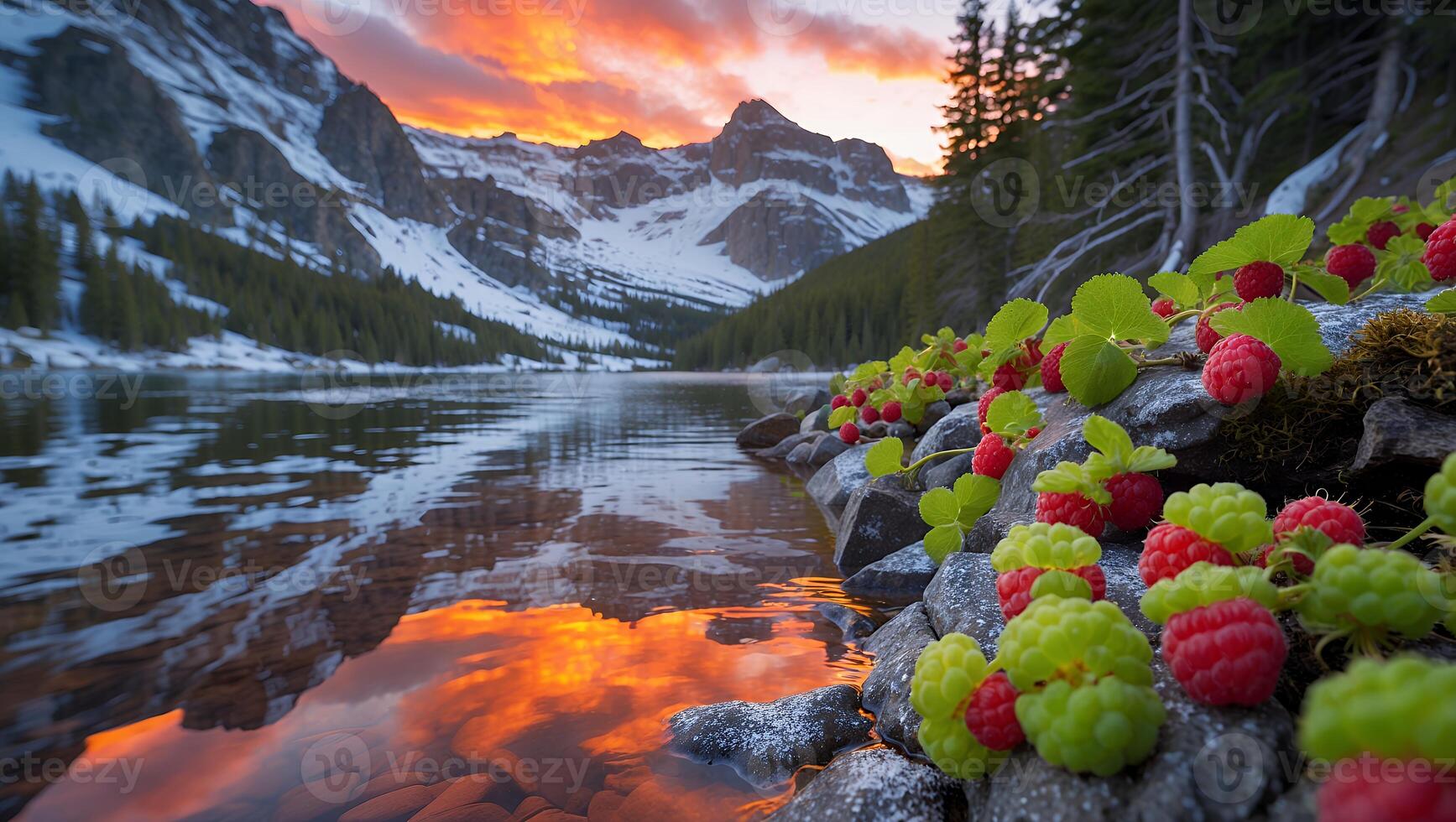 Mountain Lake with Berries at Sunset photo