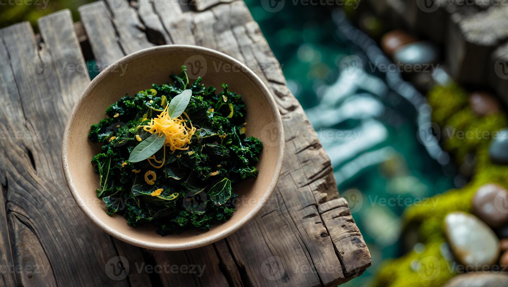 Bowl of Kale Salad with Garnish on Wooden Table photo