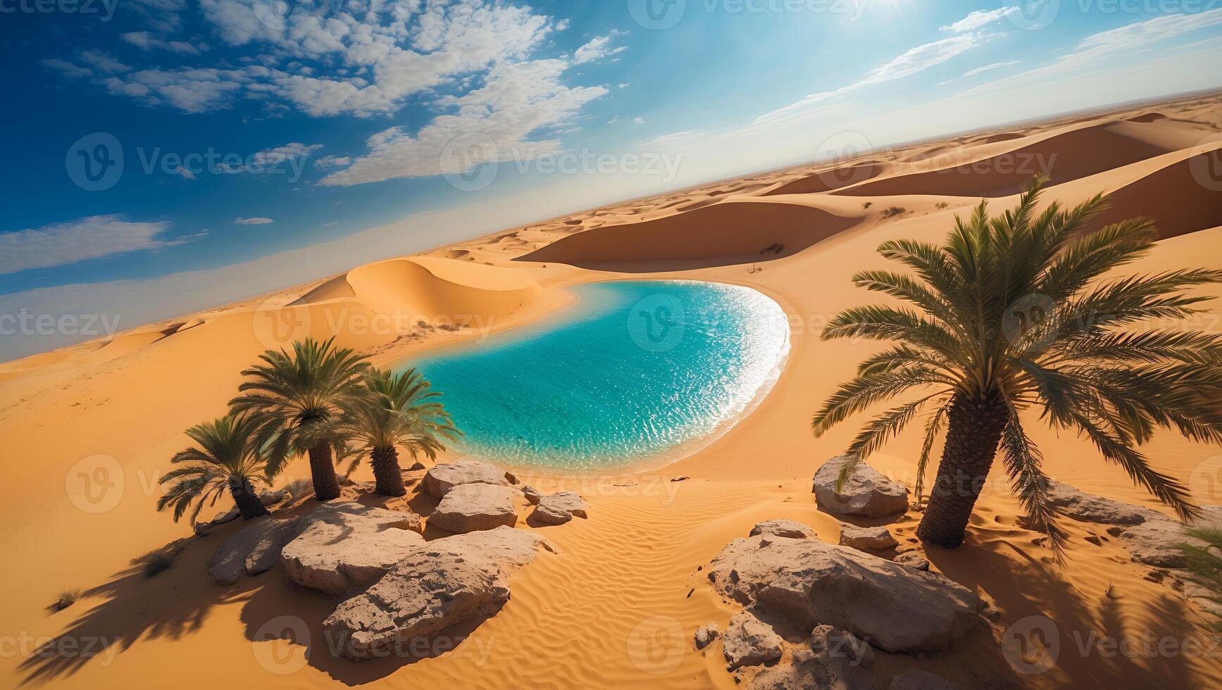 Beautiful sahara desert with blue water and palm trees in the desert photo