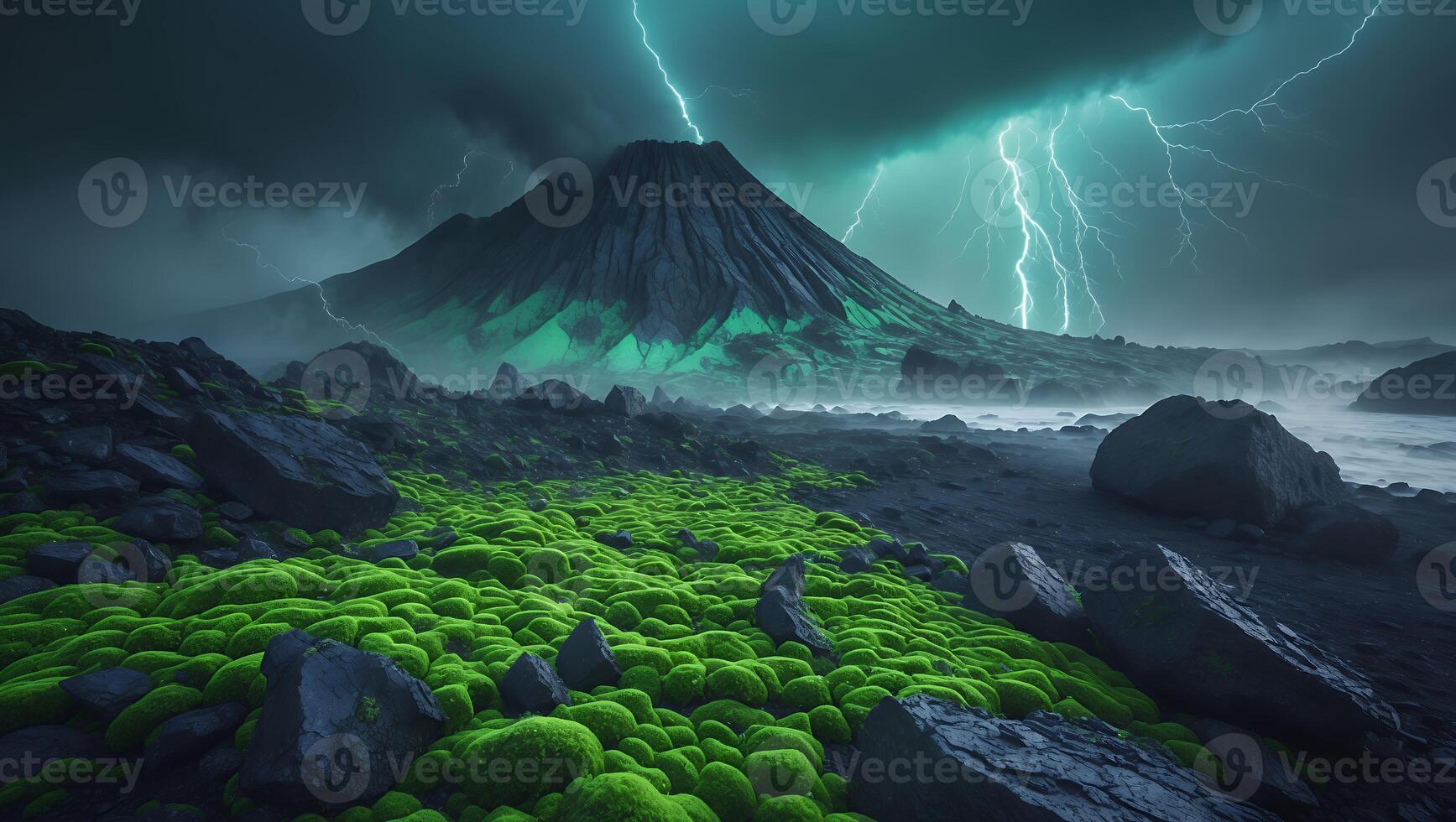 Volcano with Lightning Strike Over Mossy Landscape photo