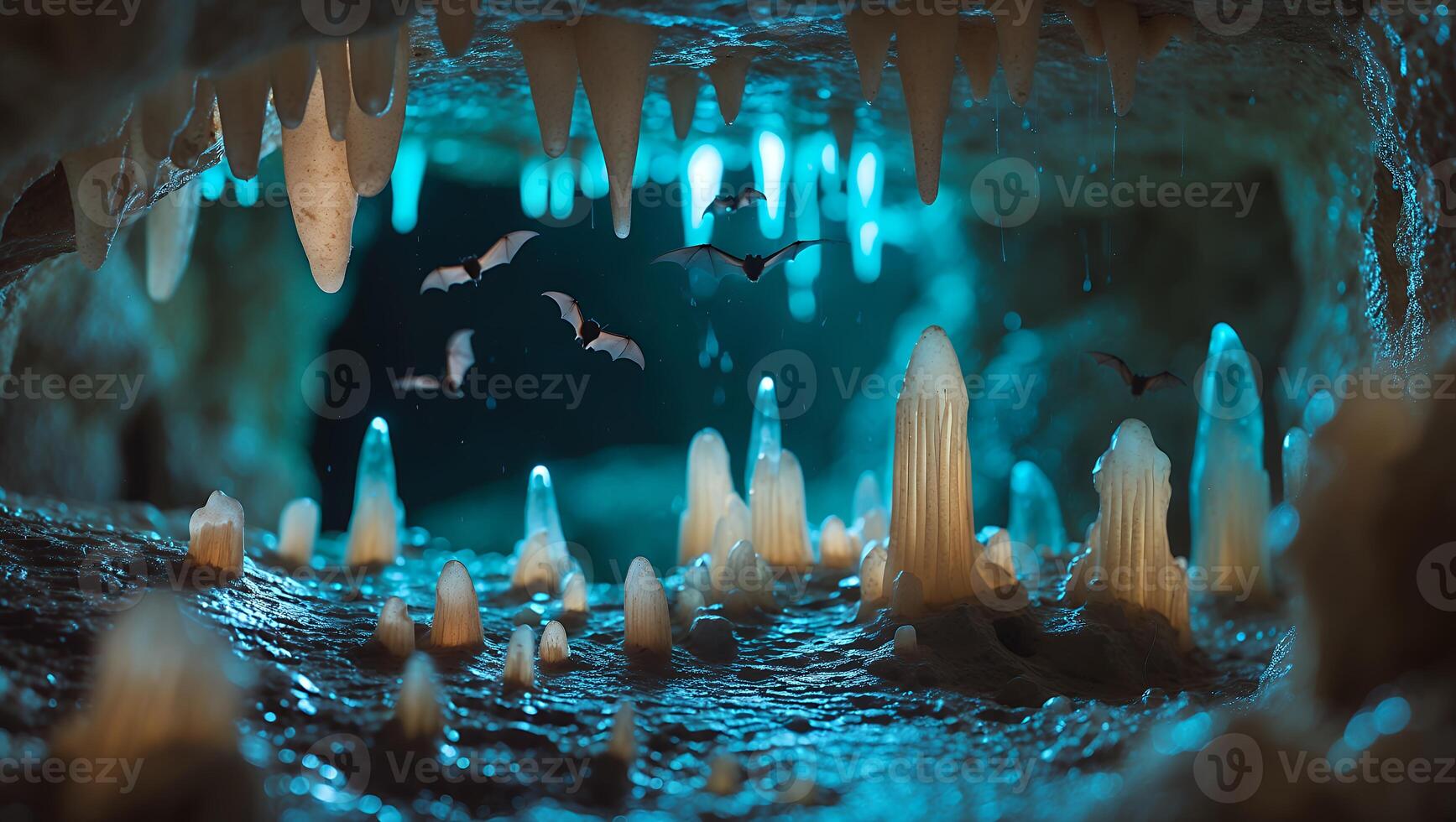 Bats Fly Through the Cave with Stalactites and Stalagmites photo