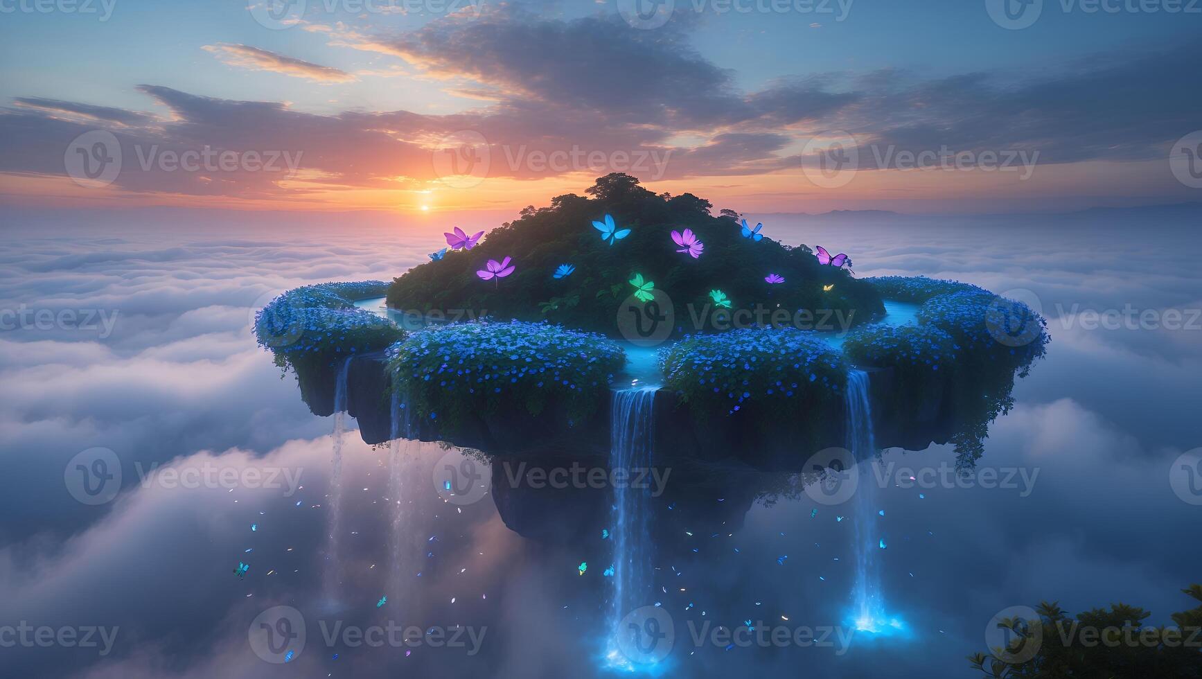 Floating Island with Butterflies and Waterfalls Above Clouds photo