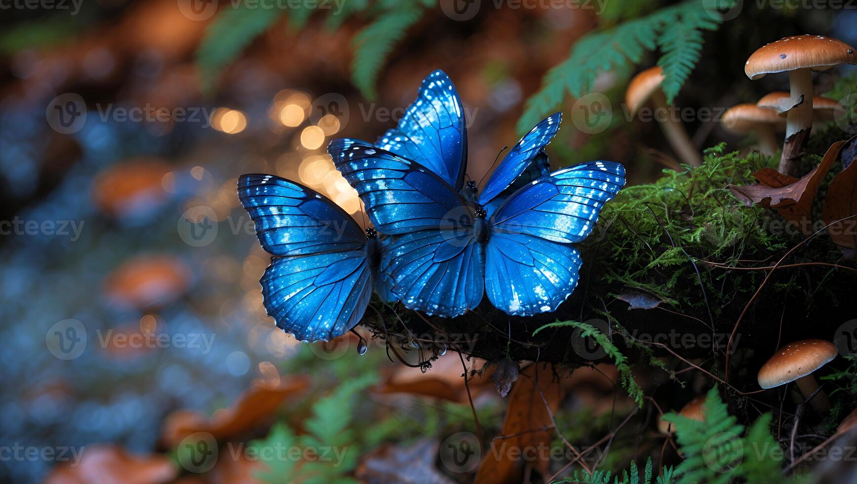 Blue Butterfly on Mossy Branch with Mushroom photo