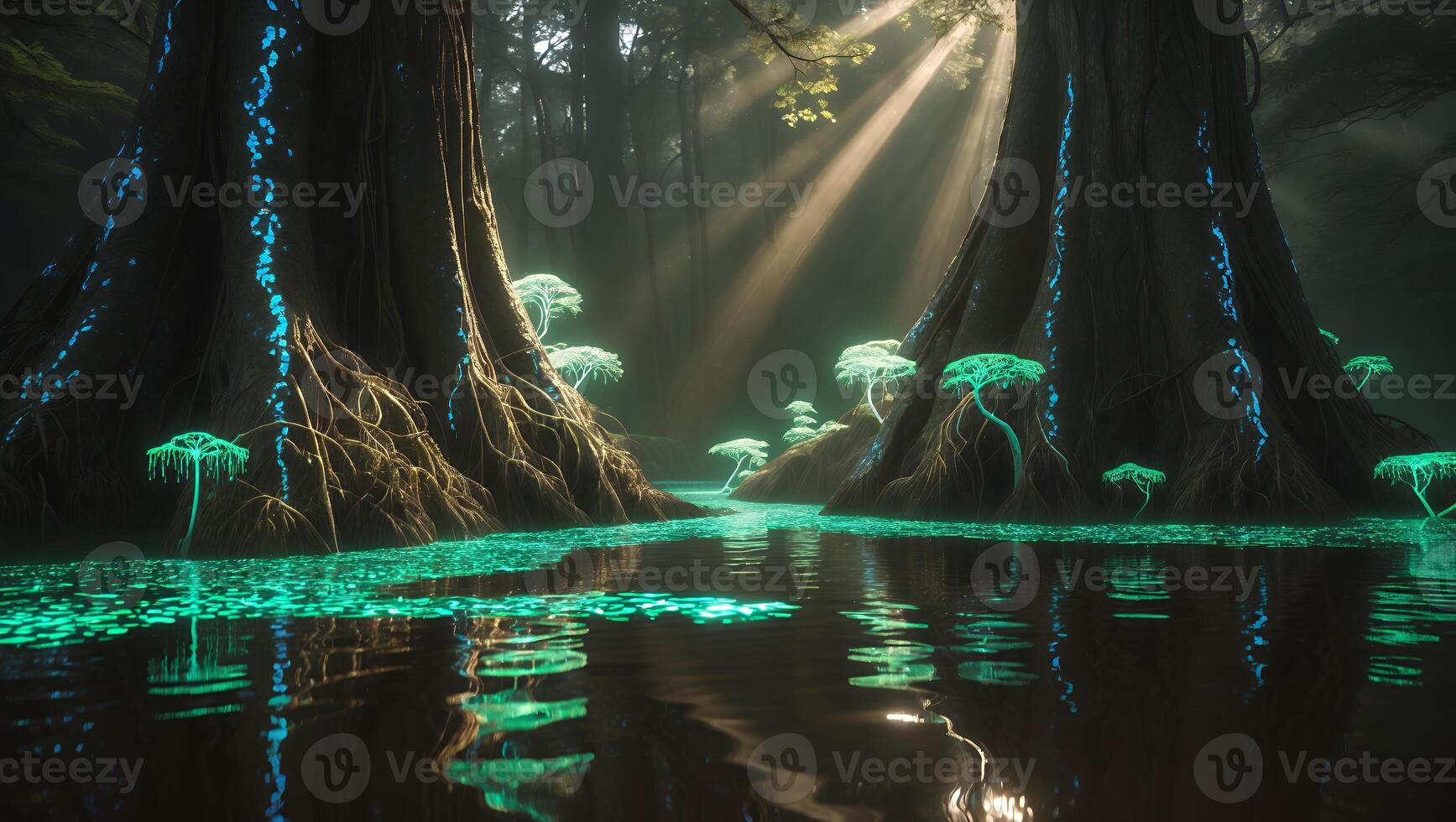 Glowing Trees in a Dark Forest Swamp photo