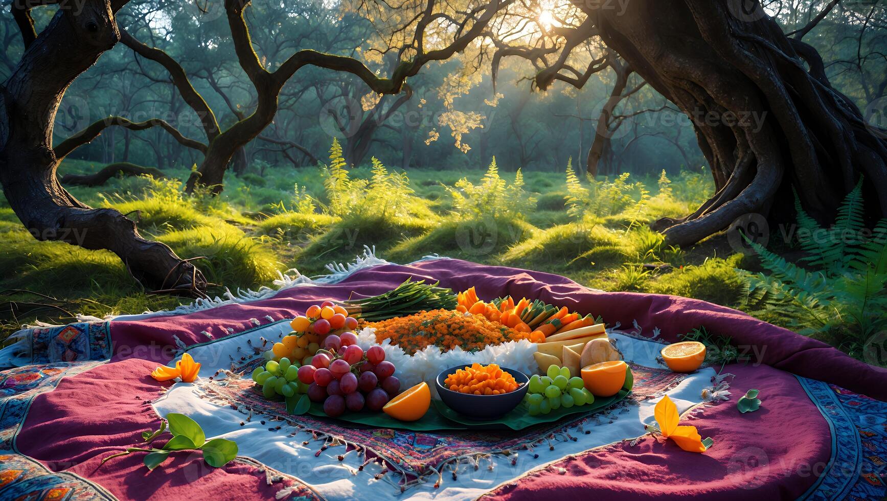 Picnic in Forest with Food and Blanket photo