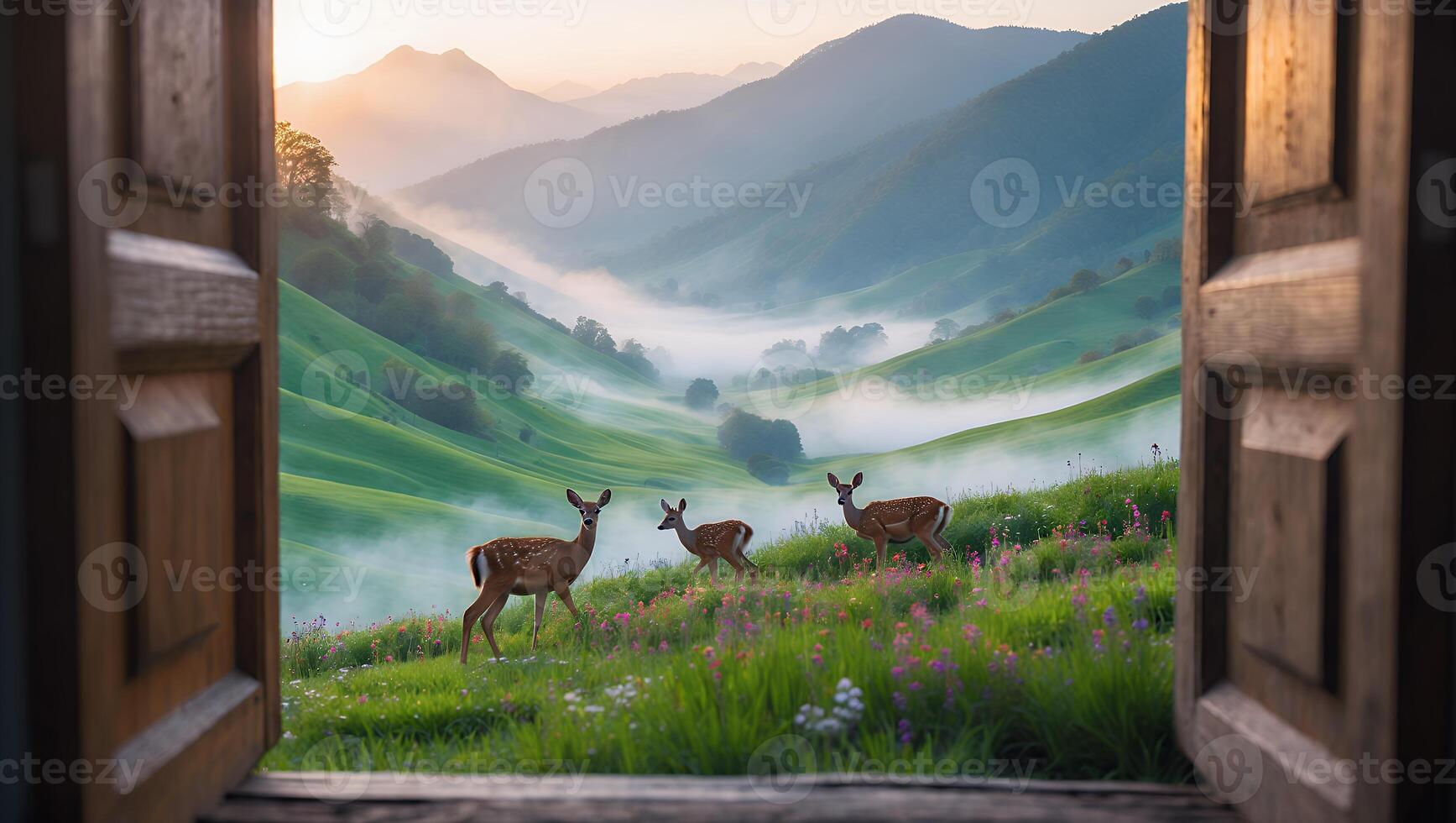 Deer in Mountain Meadow View From Open Door photo