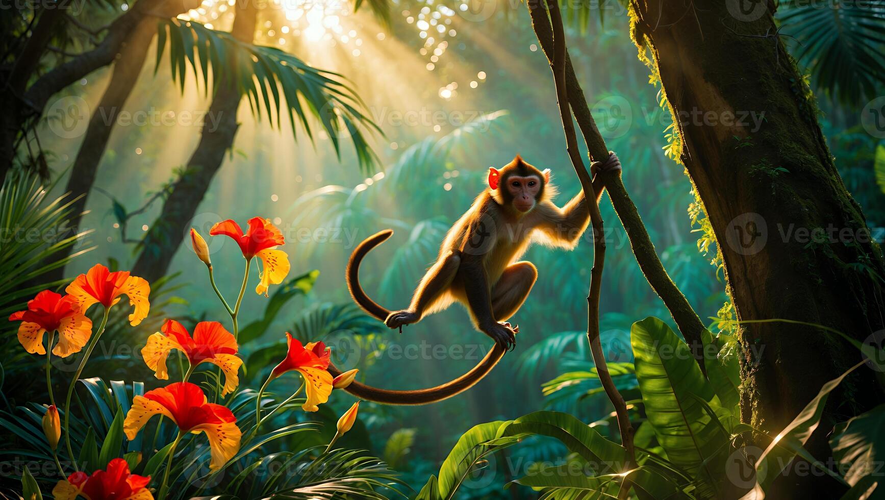 Monkey Swinging Through Tropical Forest with Flowers and Sunlight photo
